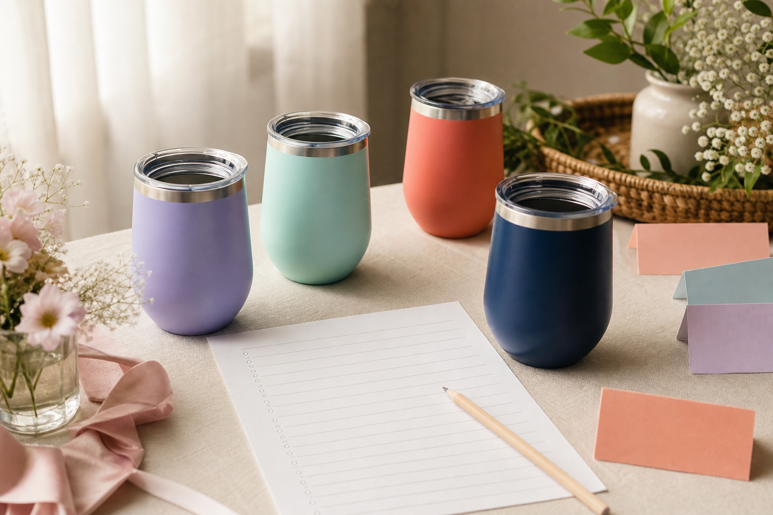 Colorful tumblers arranged for an event-planning table