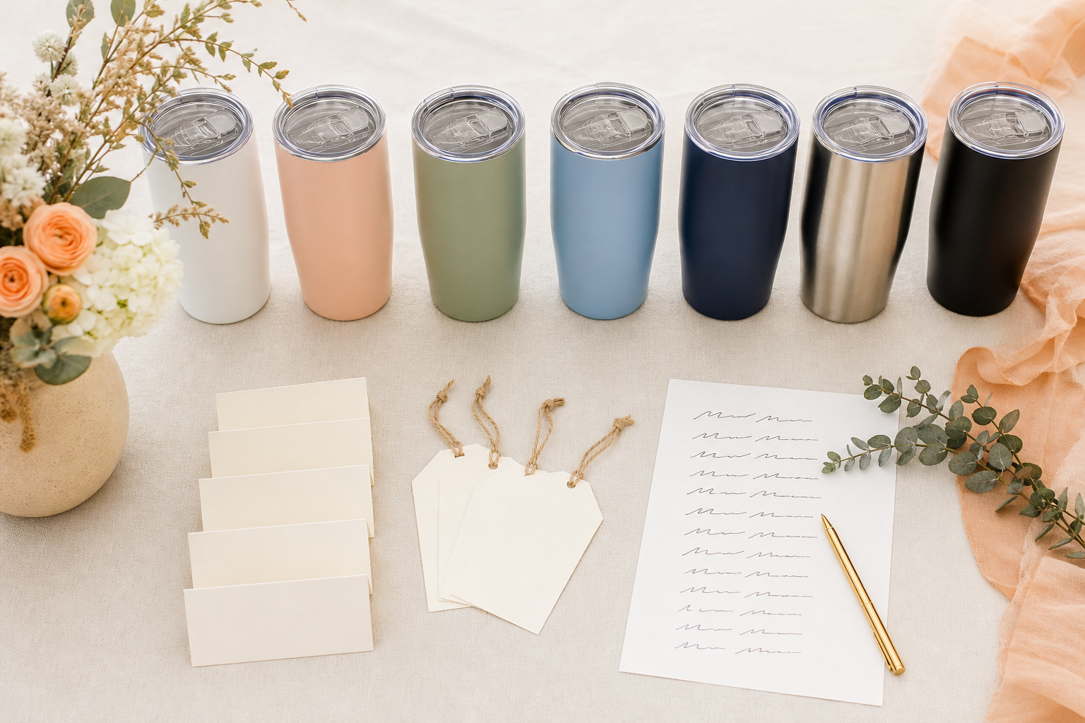 A planned row of colorful tumblers with tags and an event guest list