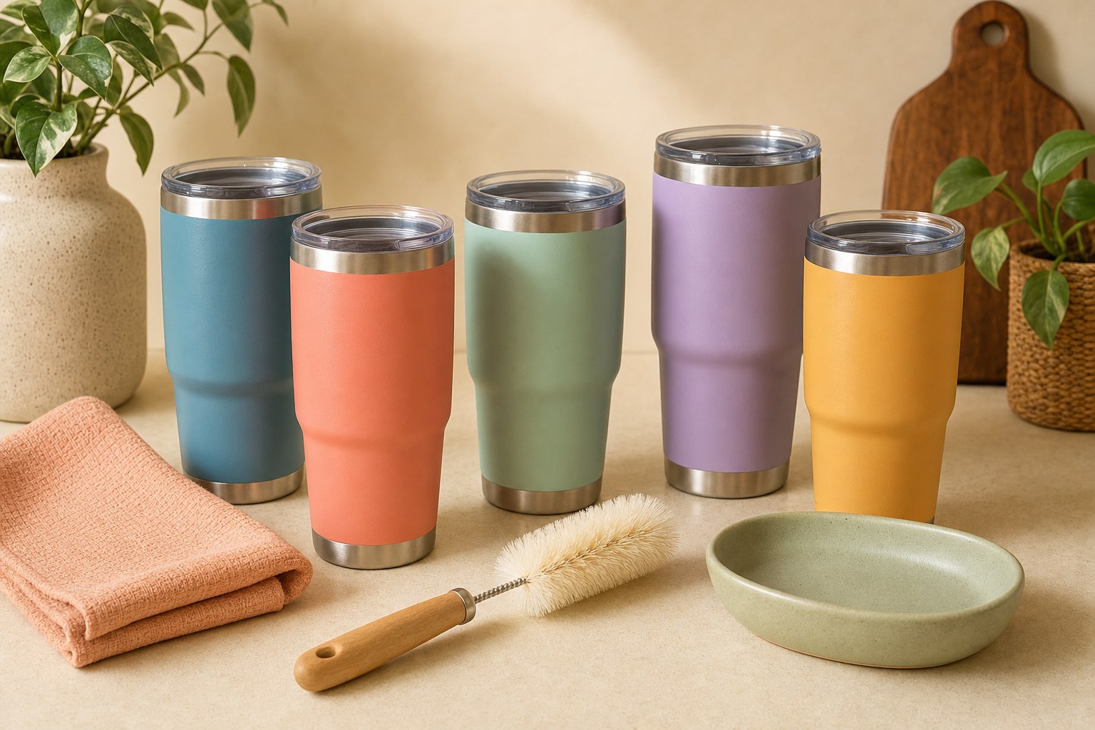 Colorful stainless steel tumblers with a brush and towel