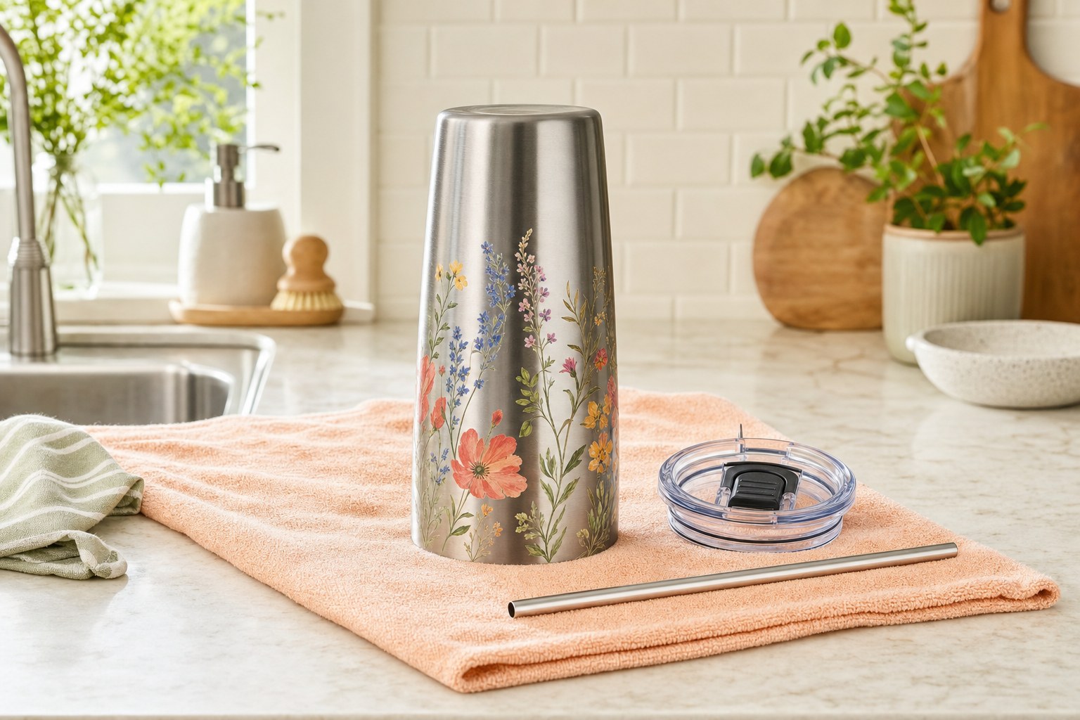A colorful tumbler drying beside its lid and straw