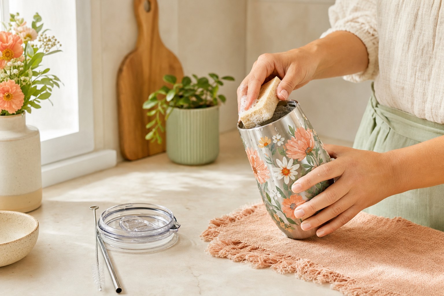 A colorful tumbler being gently washed with a soft sponge