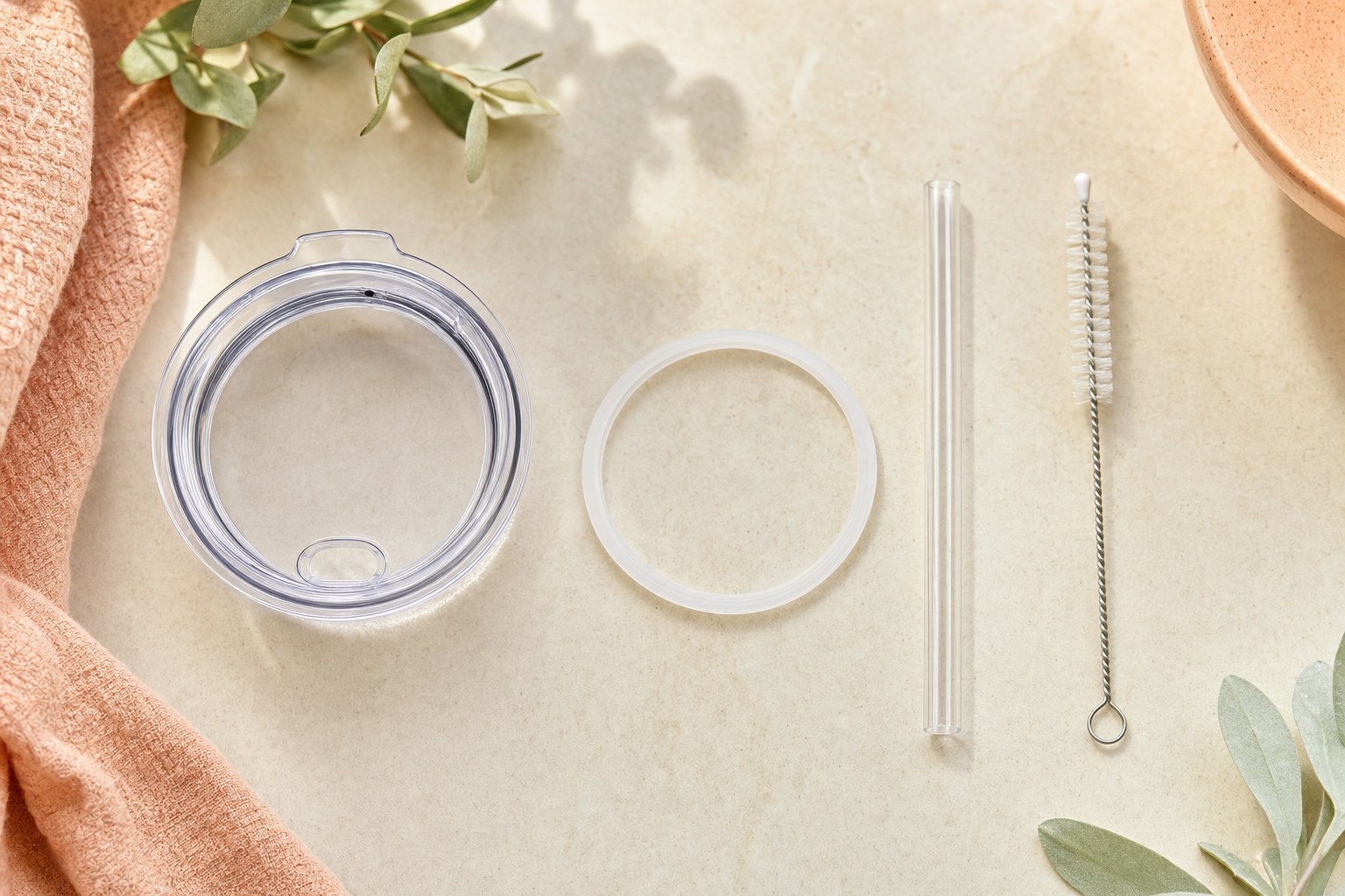 Tumbler lid, silicone gasket, straw, and cleaning brush