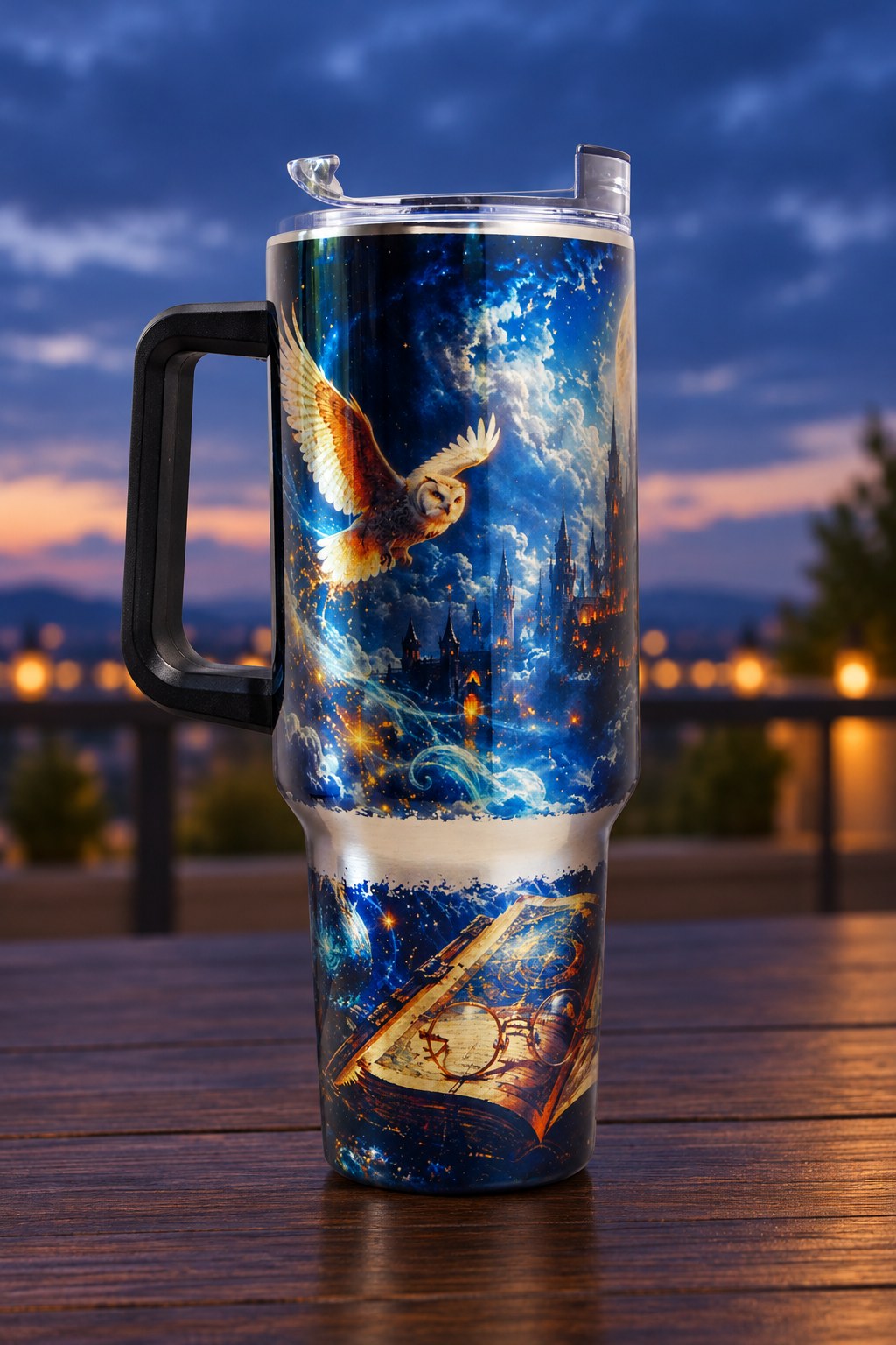 Castle in the Sky 40oz handled tumbler with an owl and storybook artwork