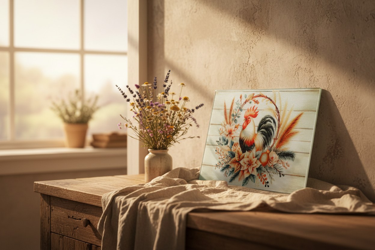 Farmhouse rooster glass cutting board with floral artwork