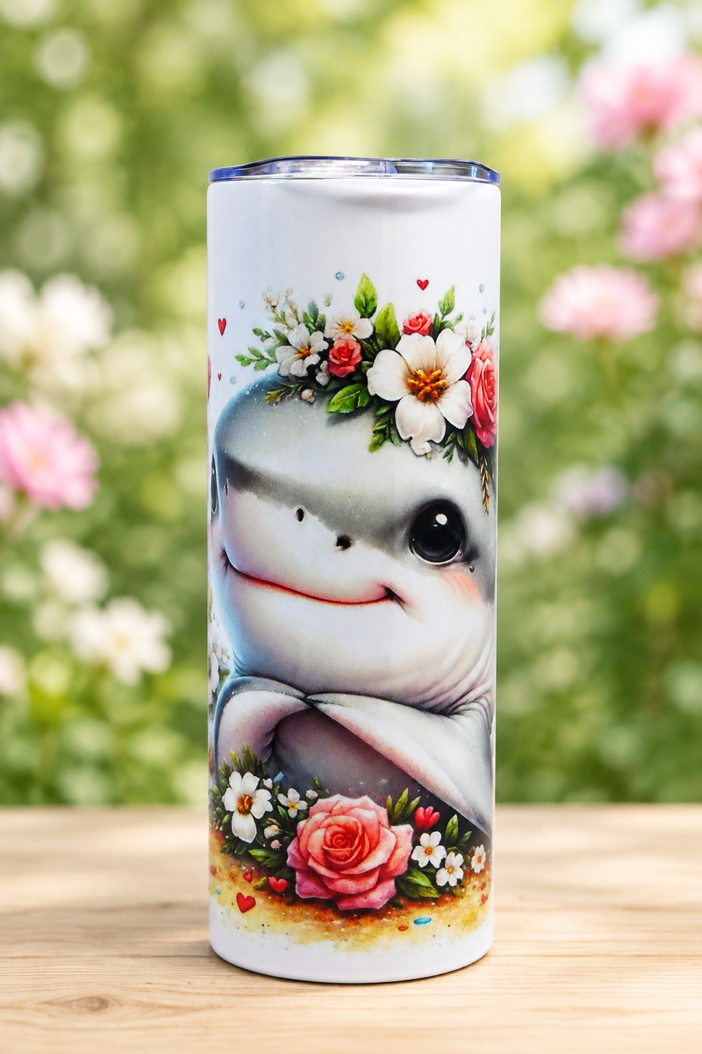 Floral shark handled tumbler with a smiling shark and pink flowers