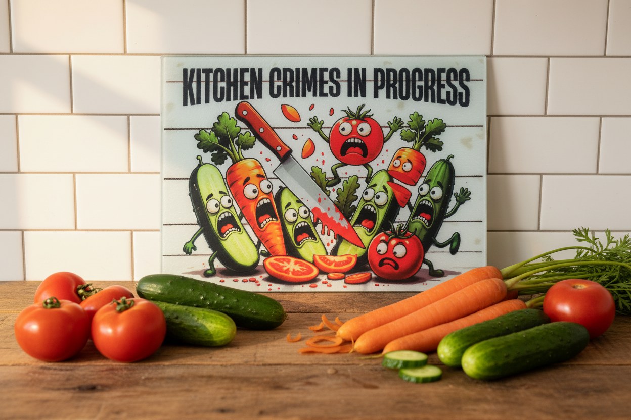 Funny Kitchen Crimes In Progress glass cutting board with illustrated vegetables