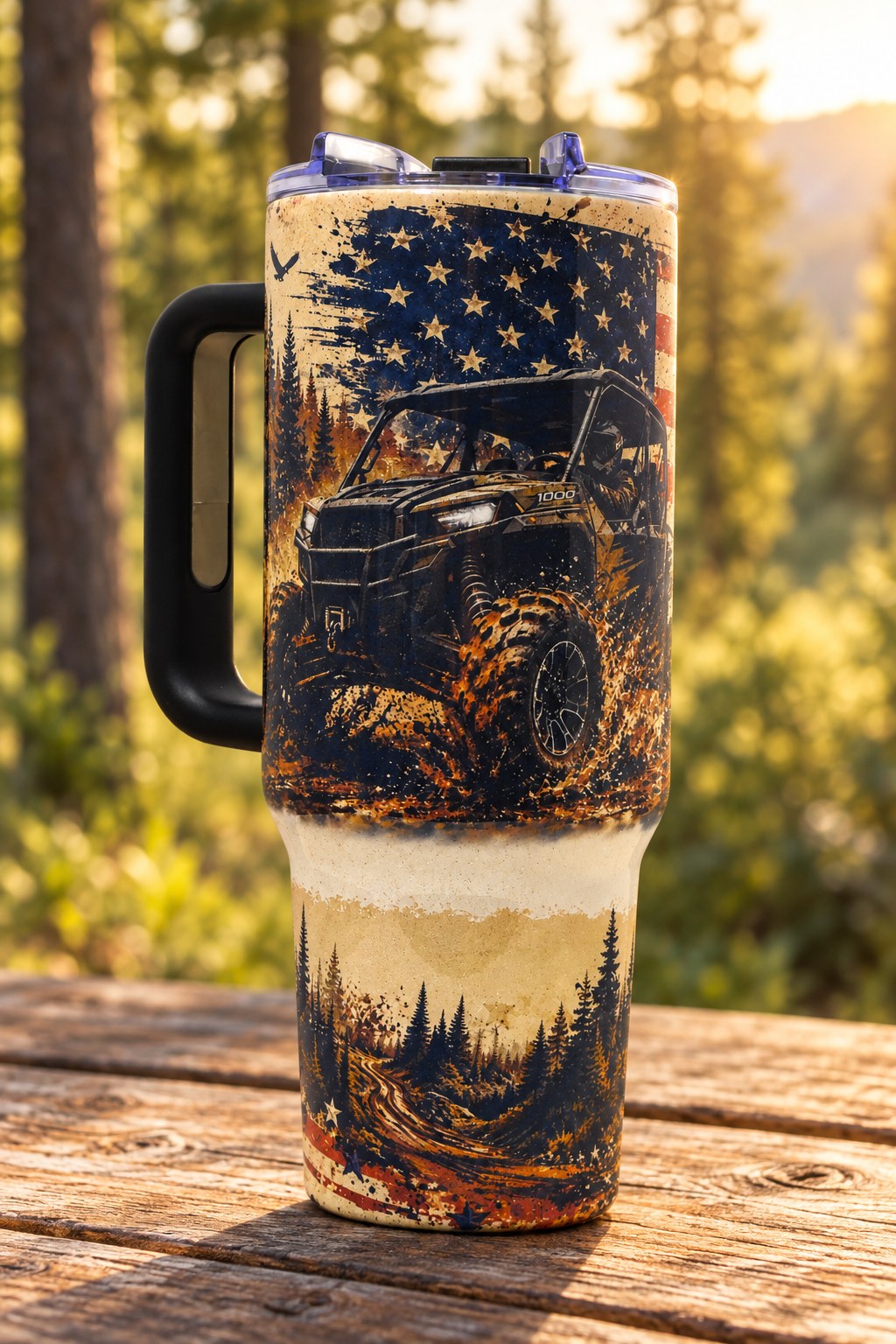 Patriotic off-road 40oz handled tumbler with vehicle and forest artwork