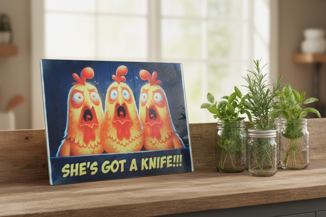 She's Got A Knife glass cutting board with three surprised chickens