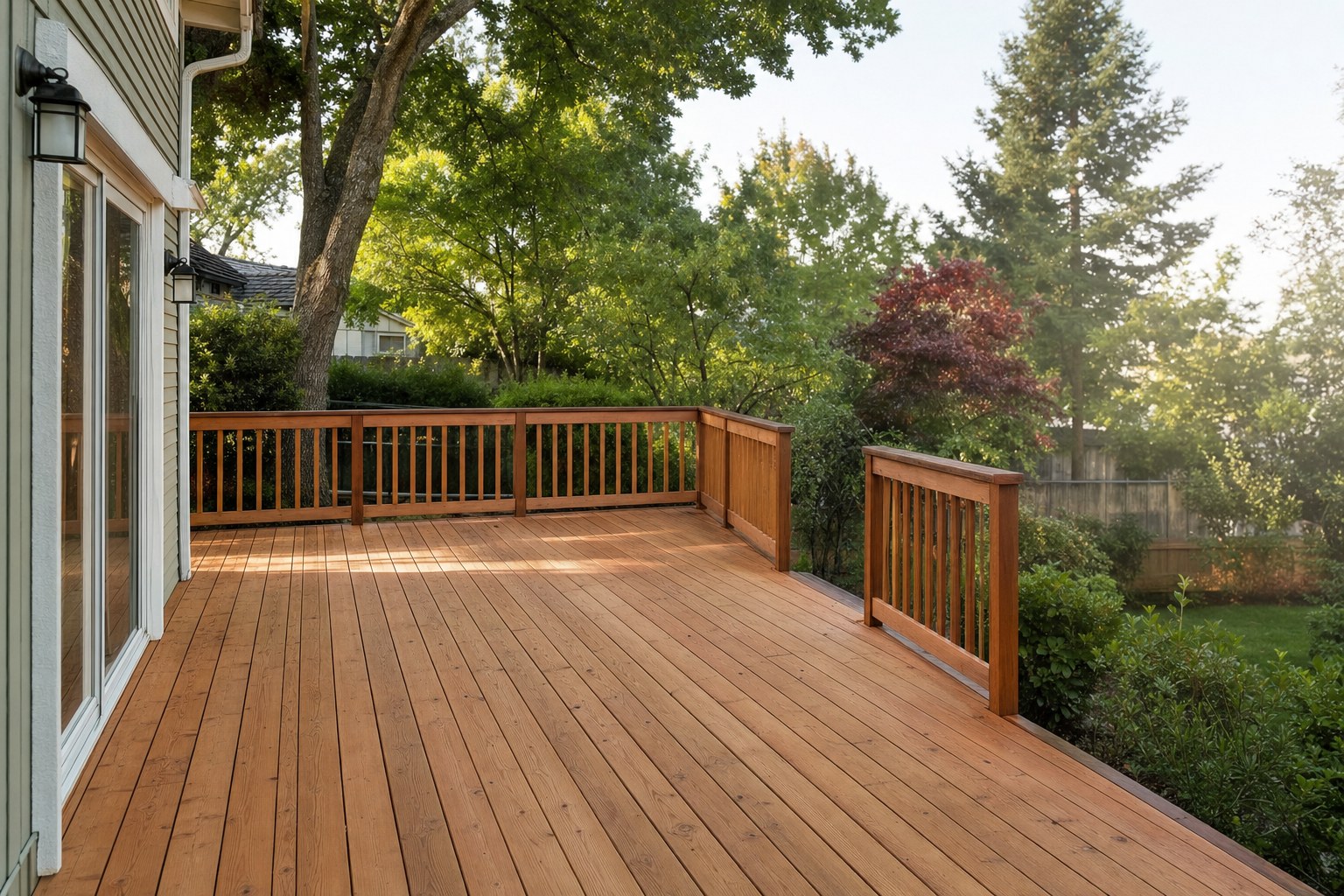 Clean redwood backyard deck ready for seasonal care