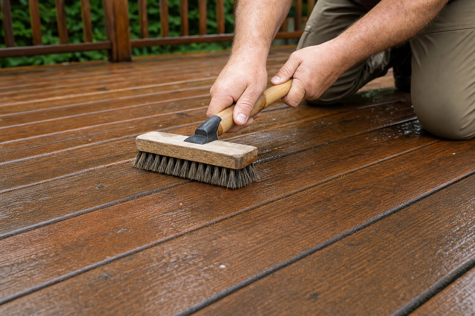 Hands using a stiff brush to clean wood deck boards