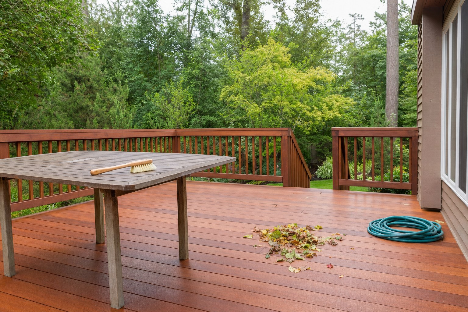 Wood deck with a soft brush, garden hose and swept leaves ready for routine cleanup