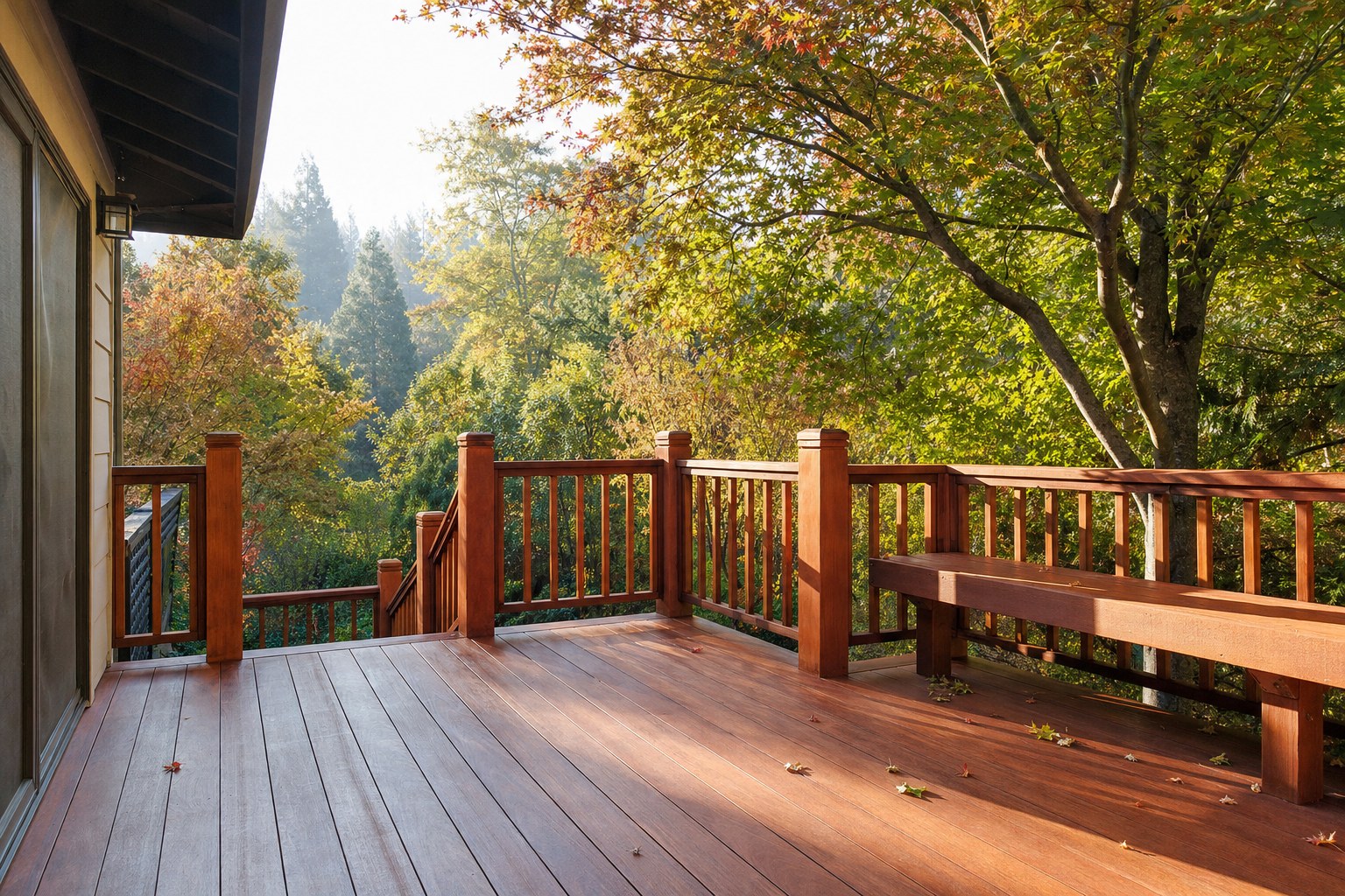 Well-kept wood deck surrounded by trees in autumn