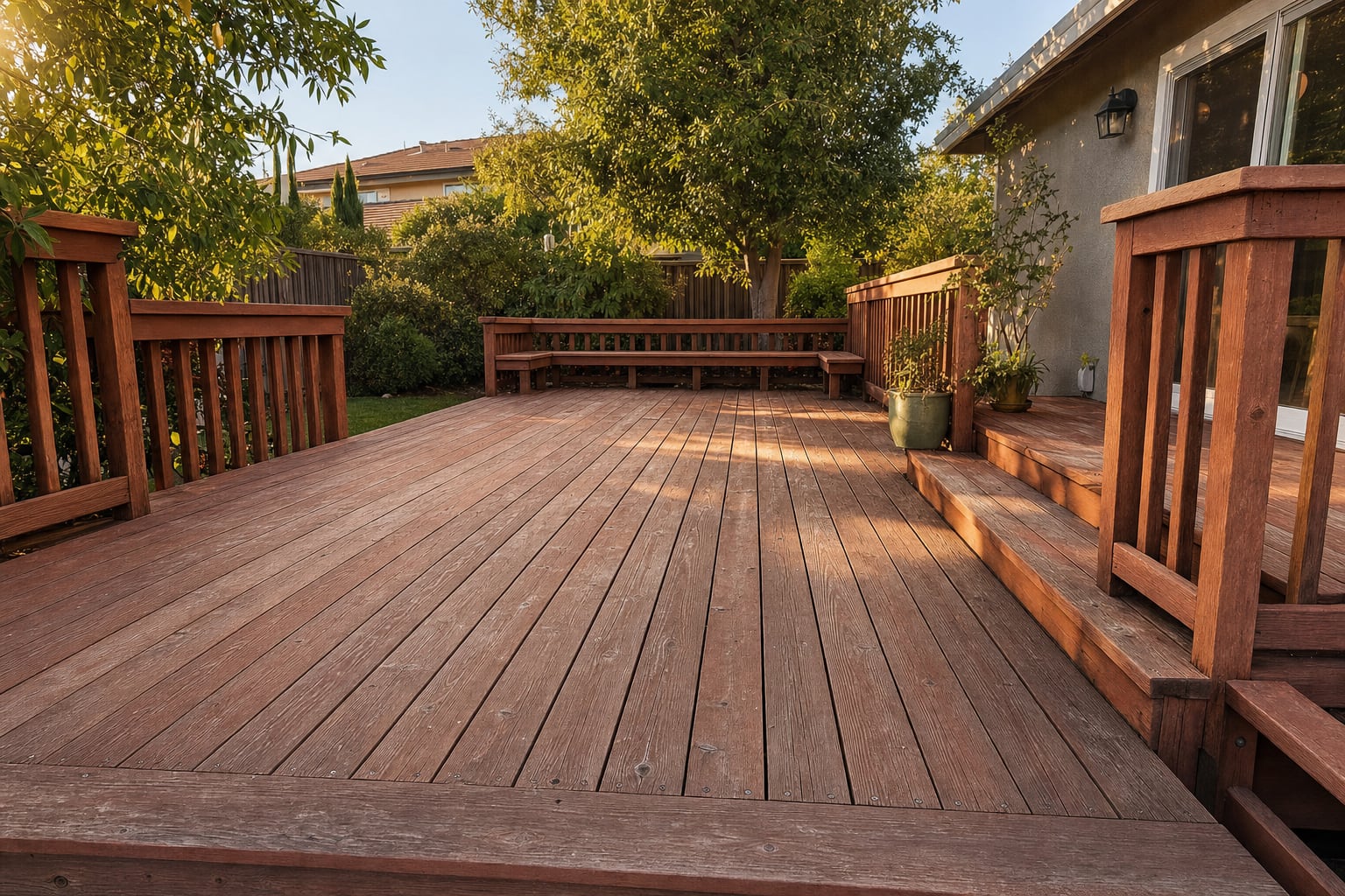 Weathered redwood deck in a California backyard