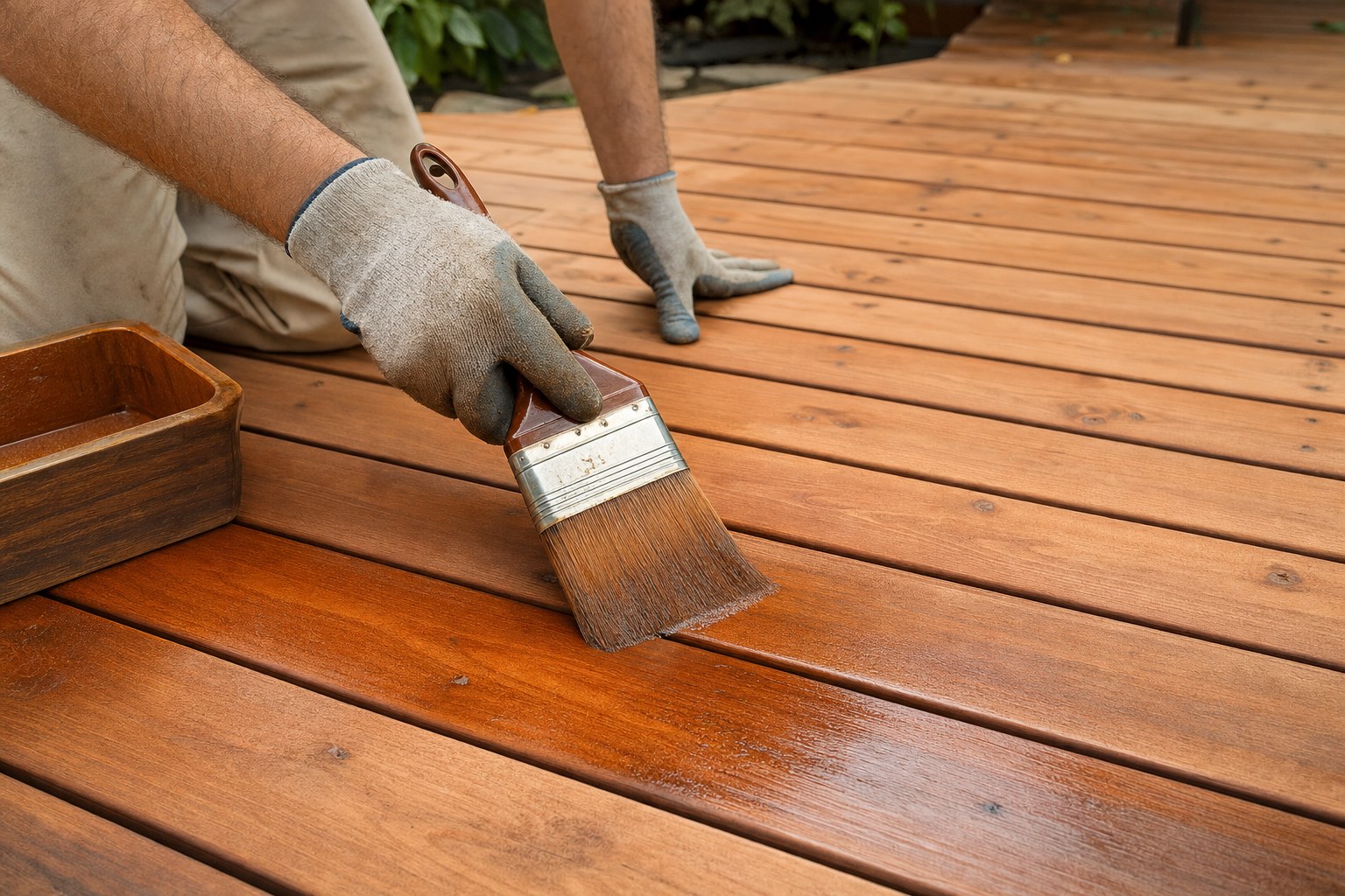 Hands applying an even coat of wood stain along deck boards
