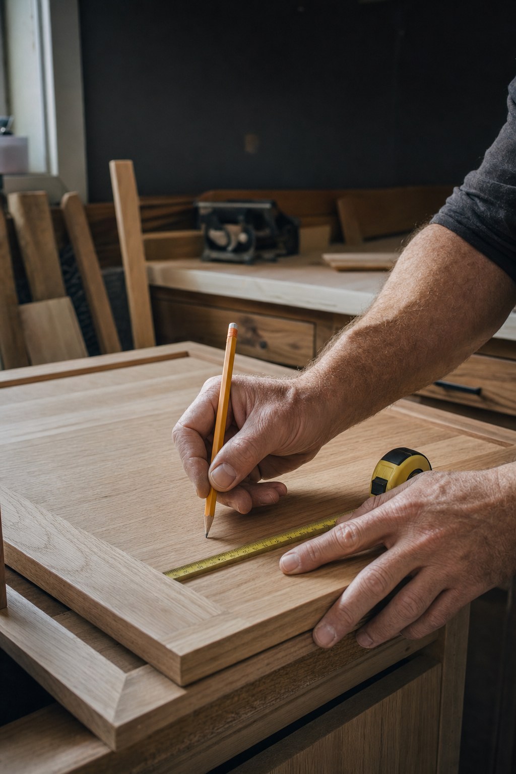 Craftsperson measuring a wood cabinet panel
