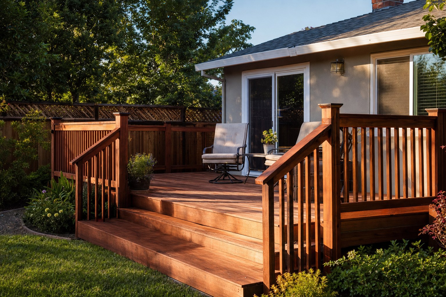 Finished redwood backyard deck