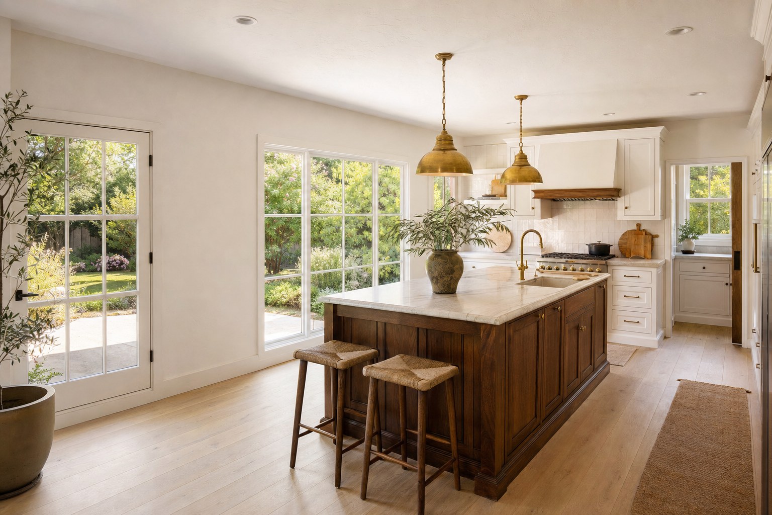 Sunlit kitchen with a warm wood island and white cabinetry