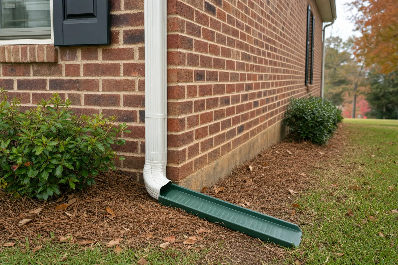 Downspout and splash block directing water away from a brick home foundation