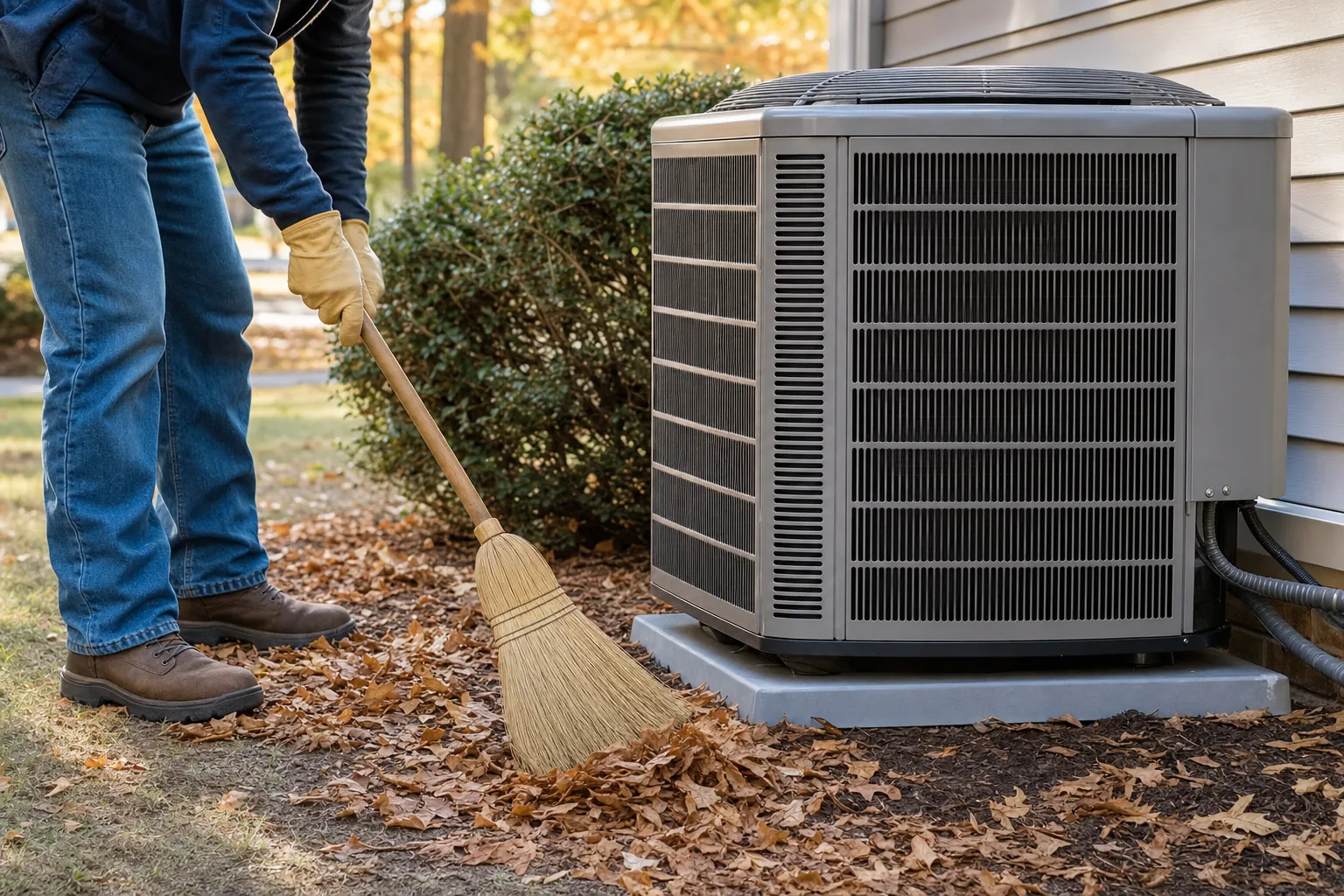 Homeowner clearing leaves around an outdoor HVAC unit