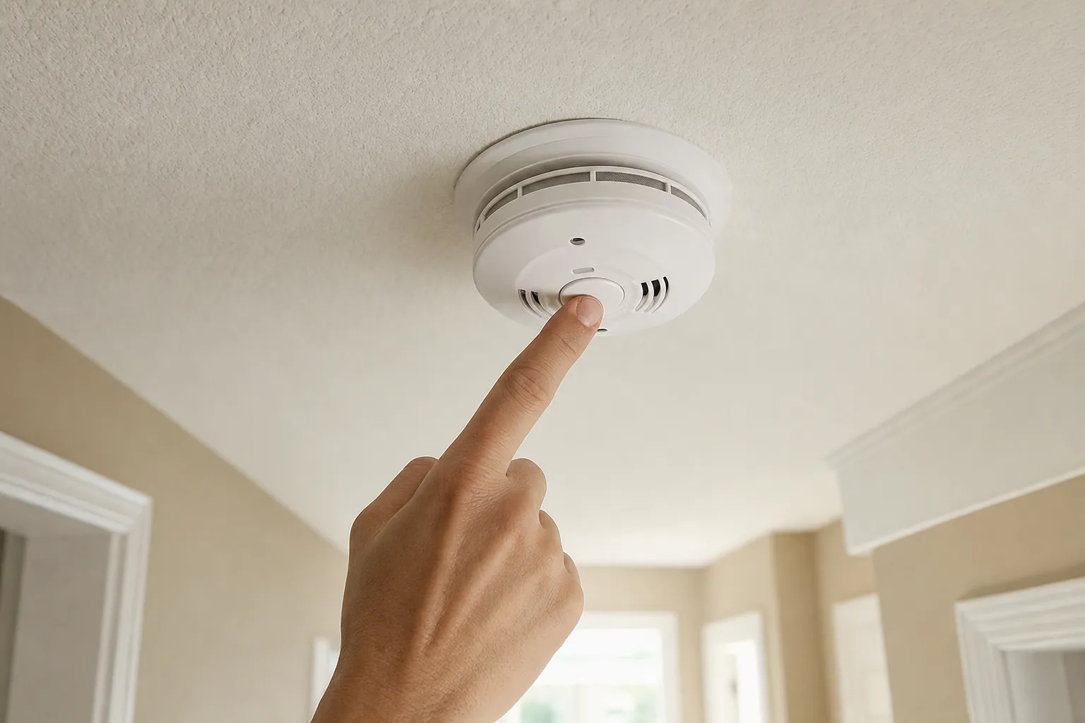 Hand pressing the test button on a ceiling smoke alarm