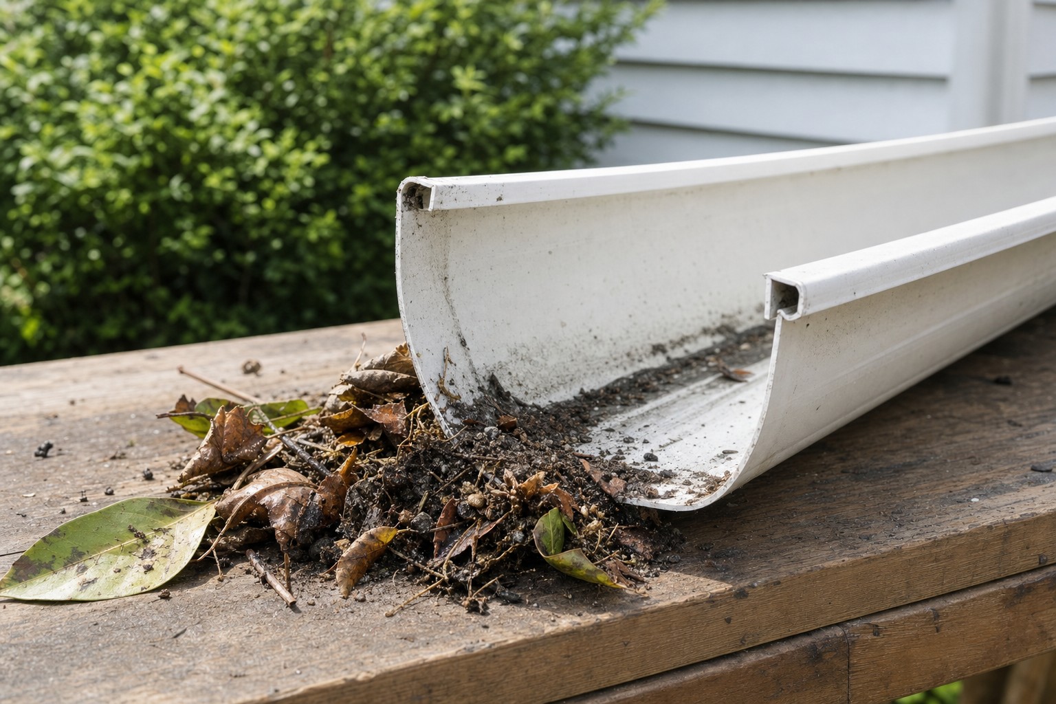 Leaves and roof grit collected from a gutter channel during a maintenance check