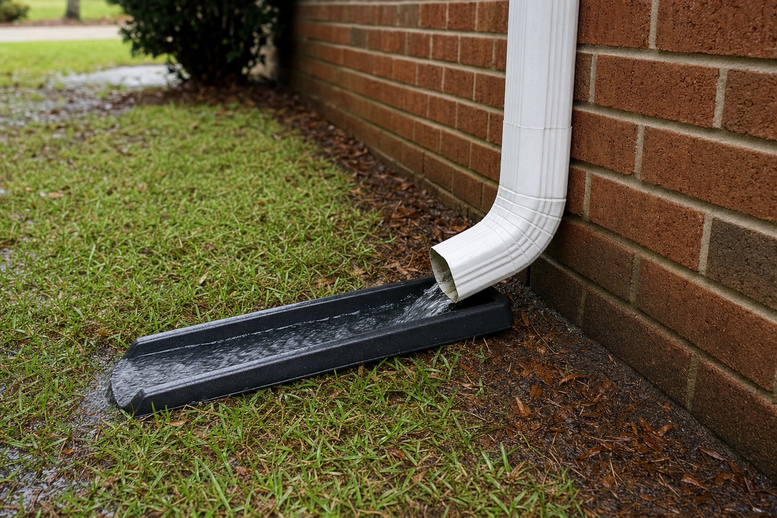 White downspout directing rainwater through a splash block away from a brick home