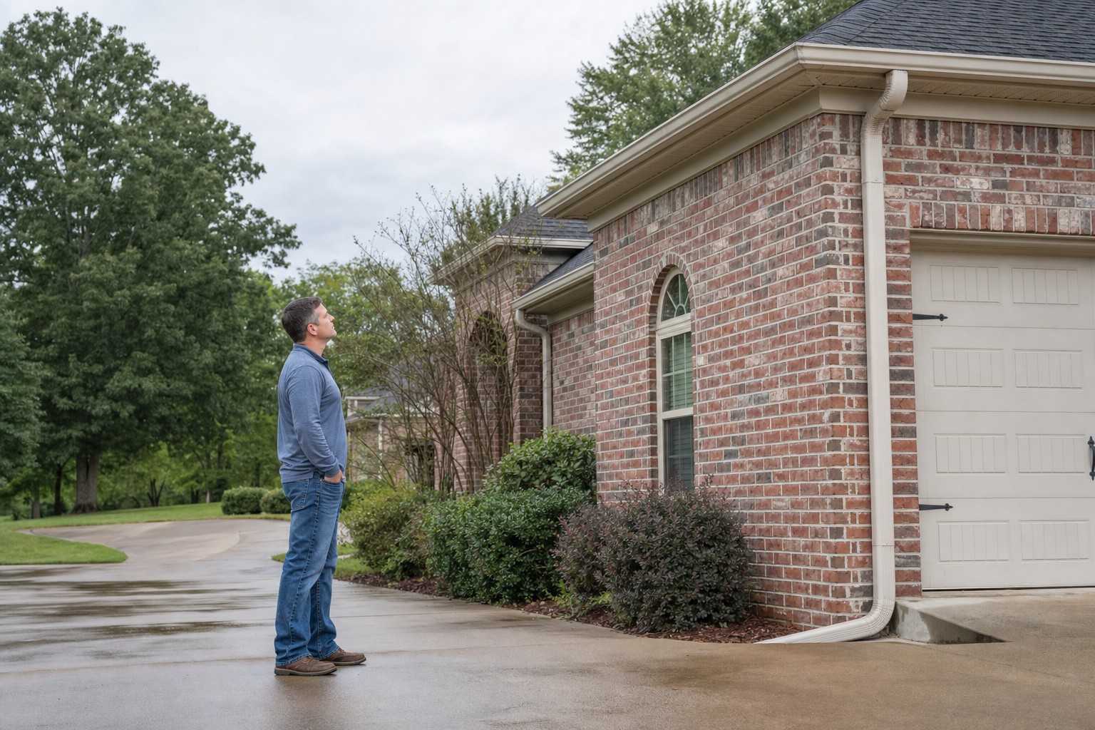 Homeowner safely inspecting gutters and downspouts from a driveway after rain