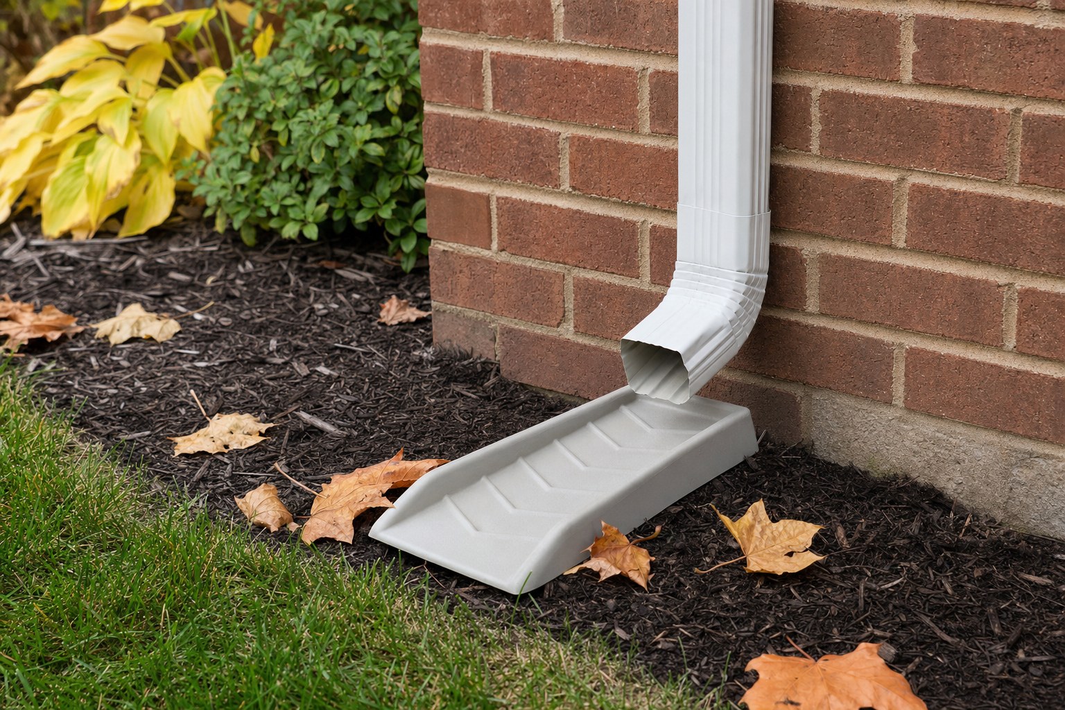 White downspout directing water across a splash block beside a brick home