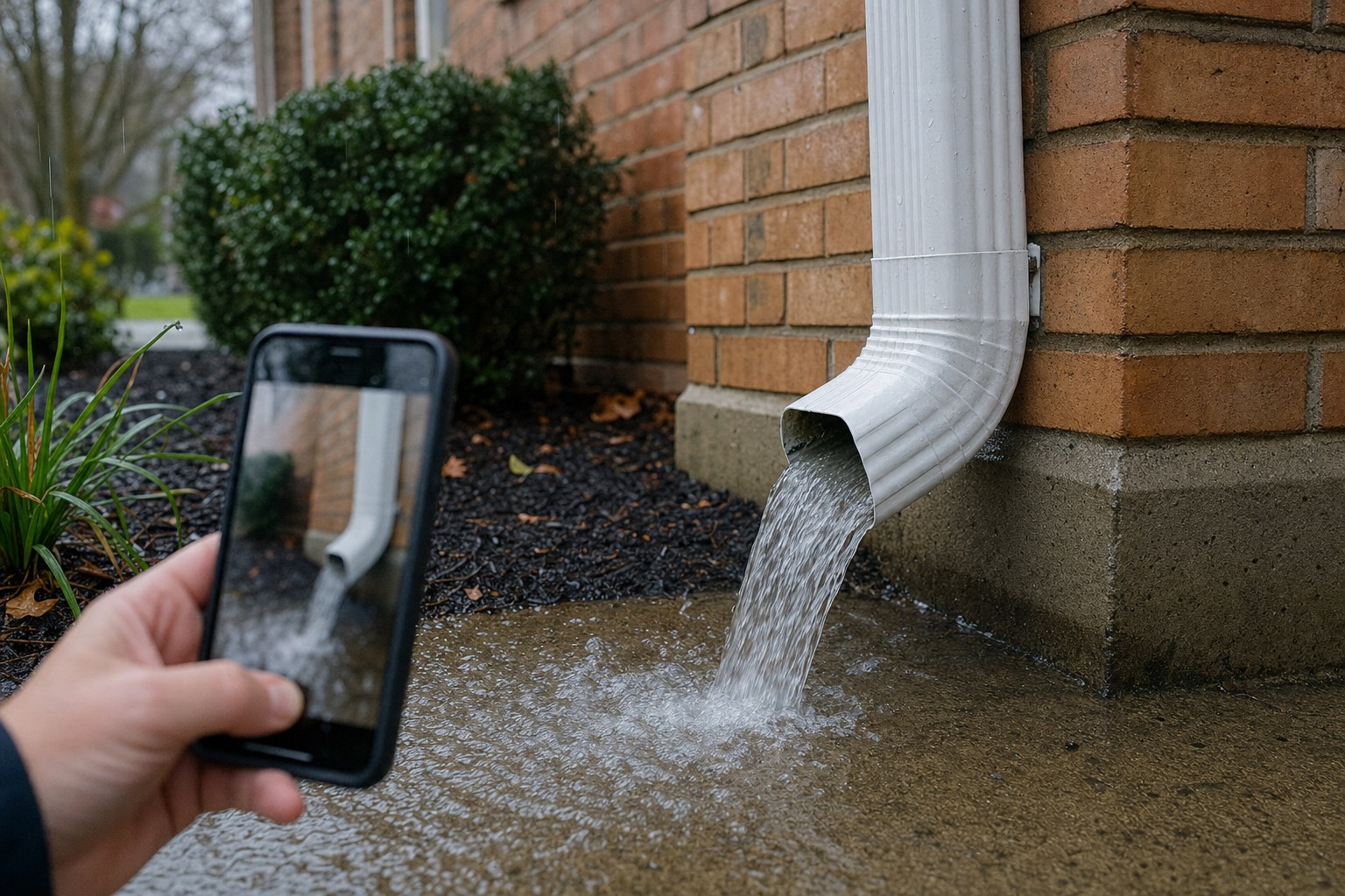 Rainwater flowing through a downspout while a homeowner records it safely from ground level