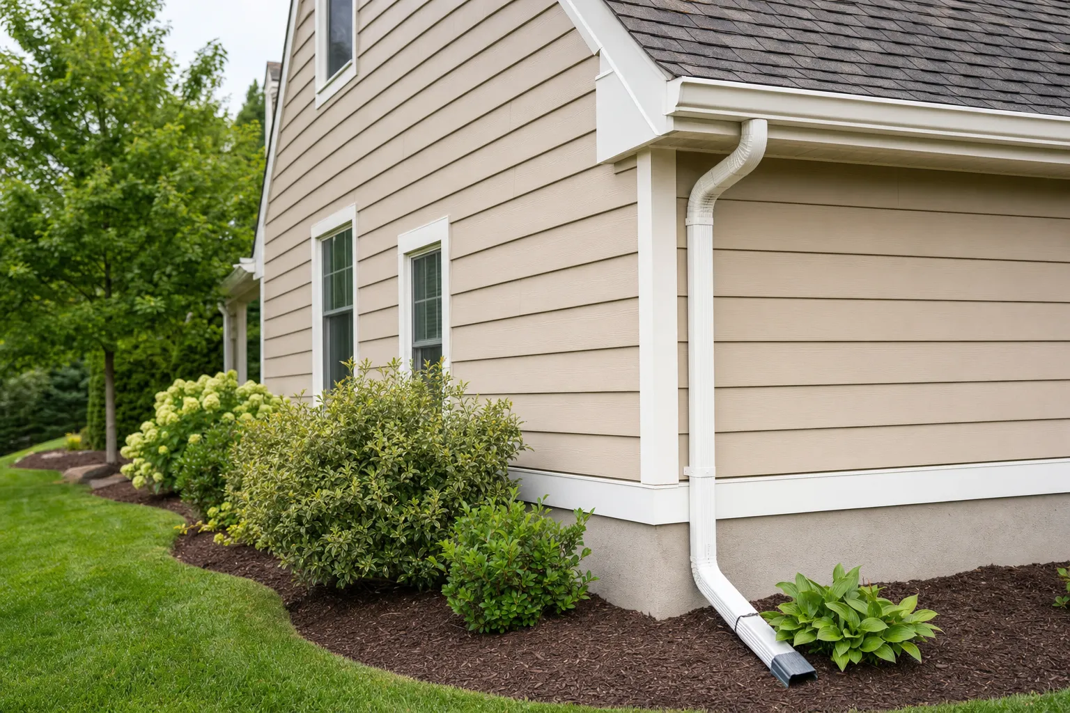 Clean gutter and downspout directing water away from a home's foundation