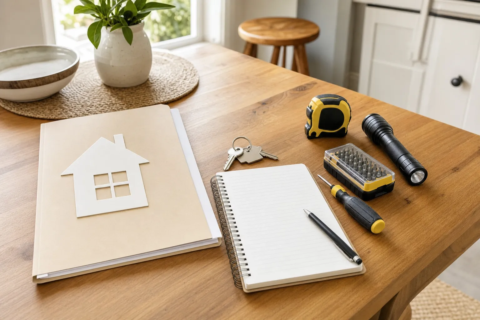Home maintenance folder, house keys, notebook, and basic tools on a table