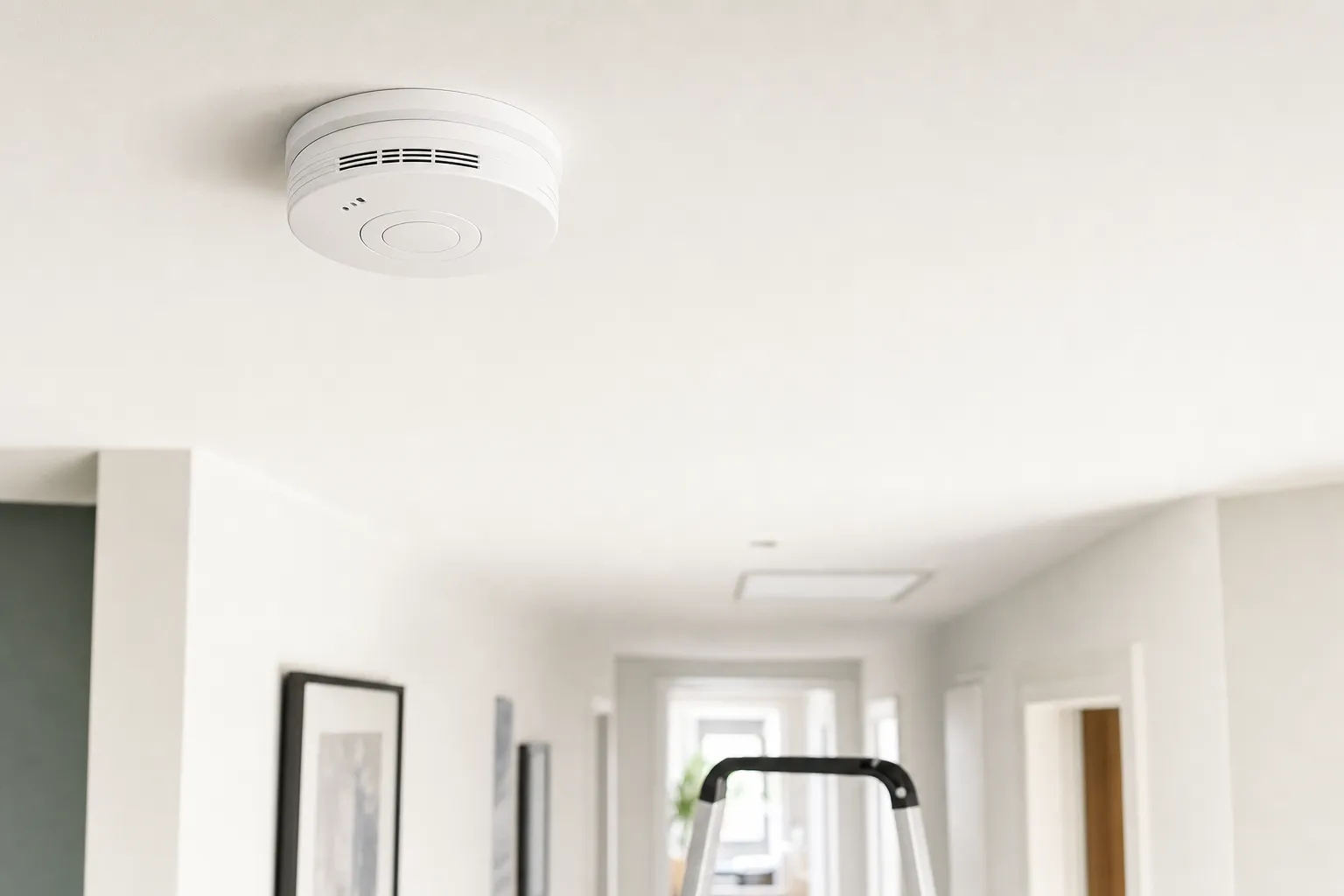 Smoke alarm installed on a ceiling in a home hallway
