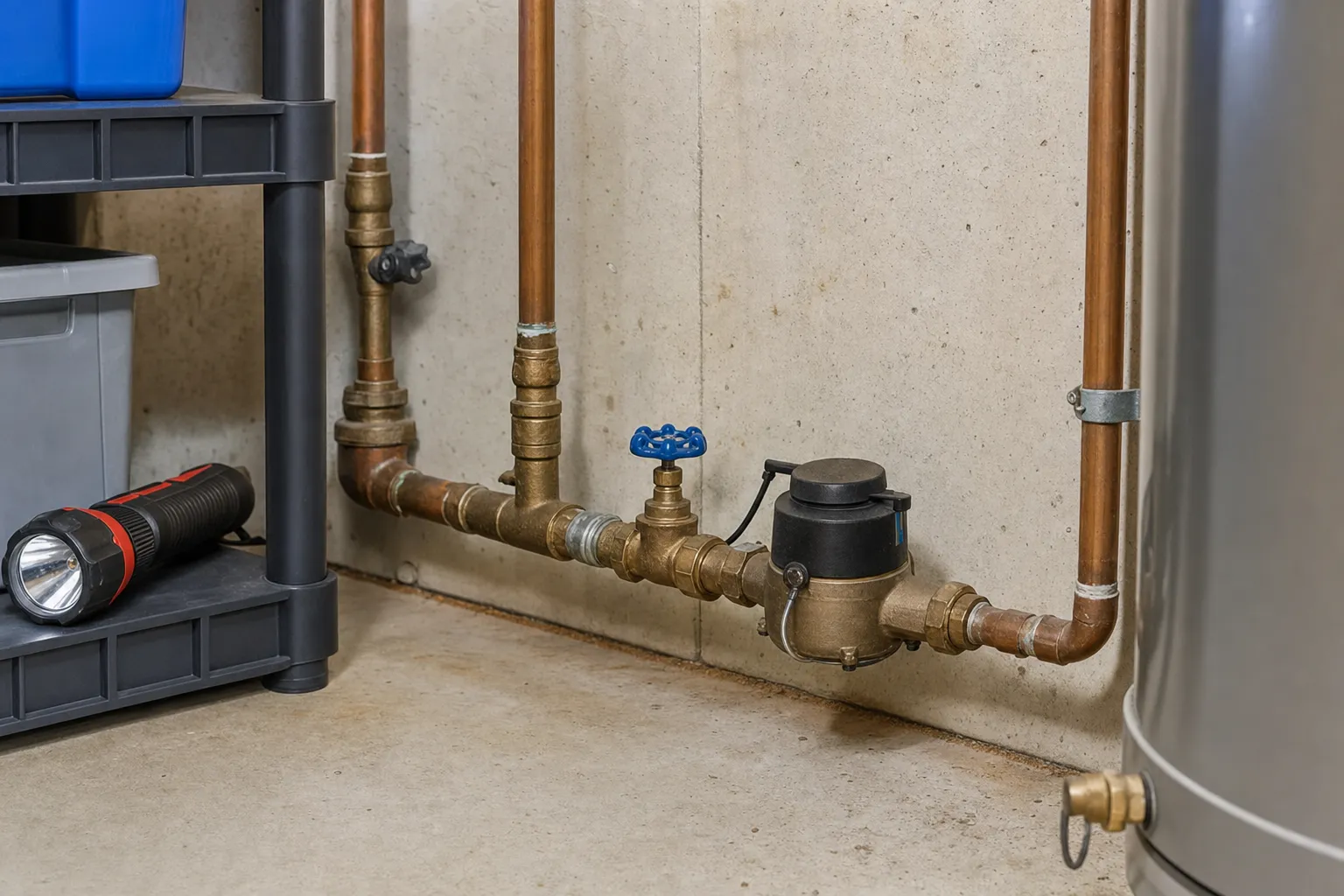 Main water shutoff valve and plumbing in a home utility room