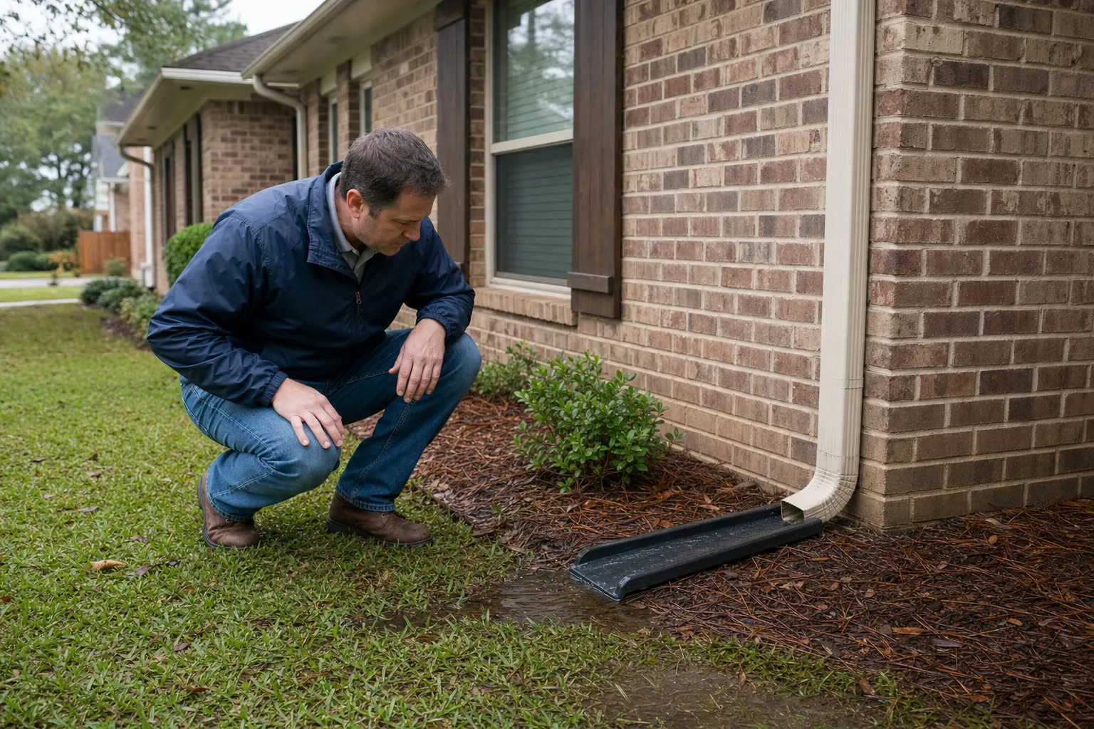 Homeowner checking a downspout and splash block beside a brick home