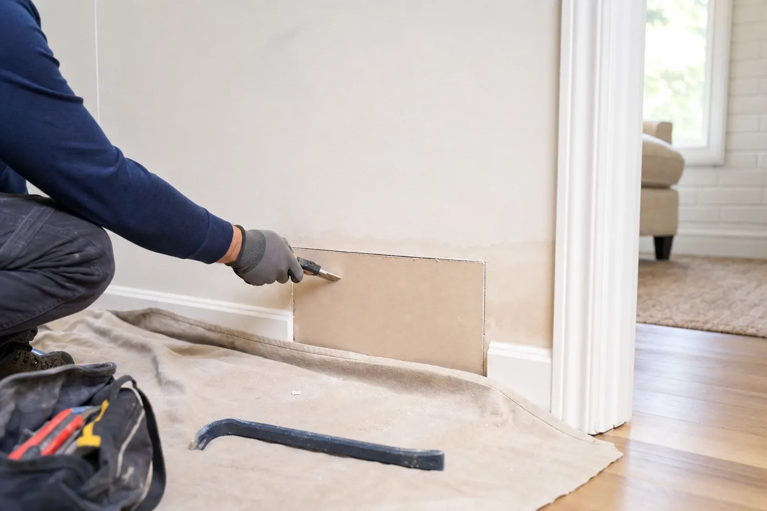 Professional removing a small defined section of water-damaged drywall above a protected floor