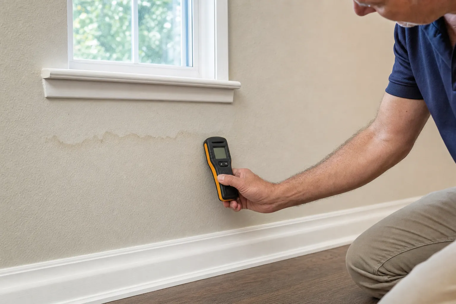 Repair professional checking a wall for moisture below a window
