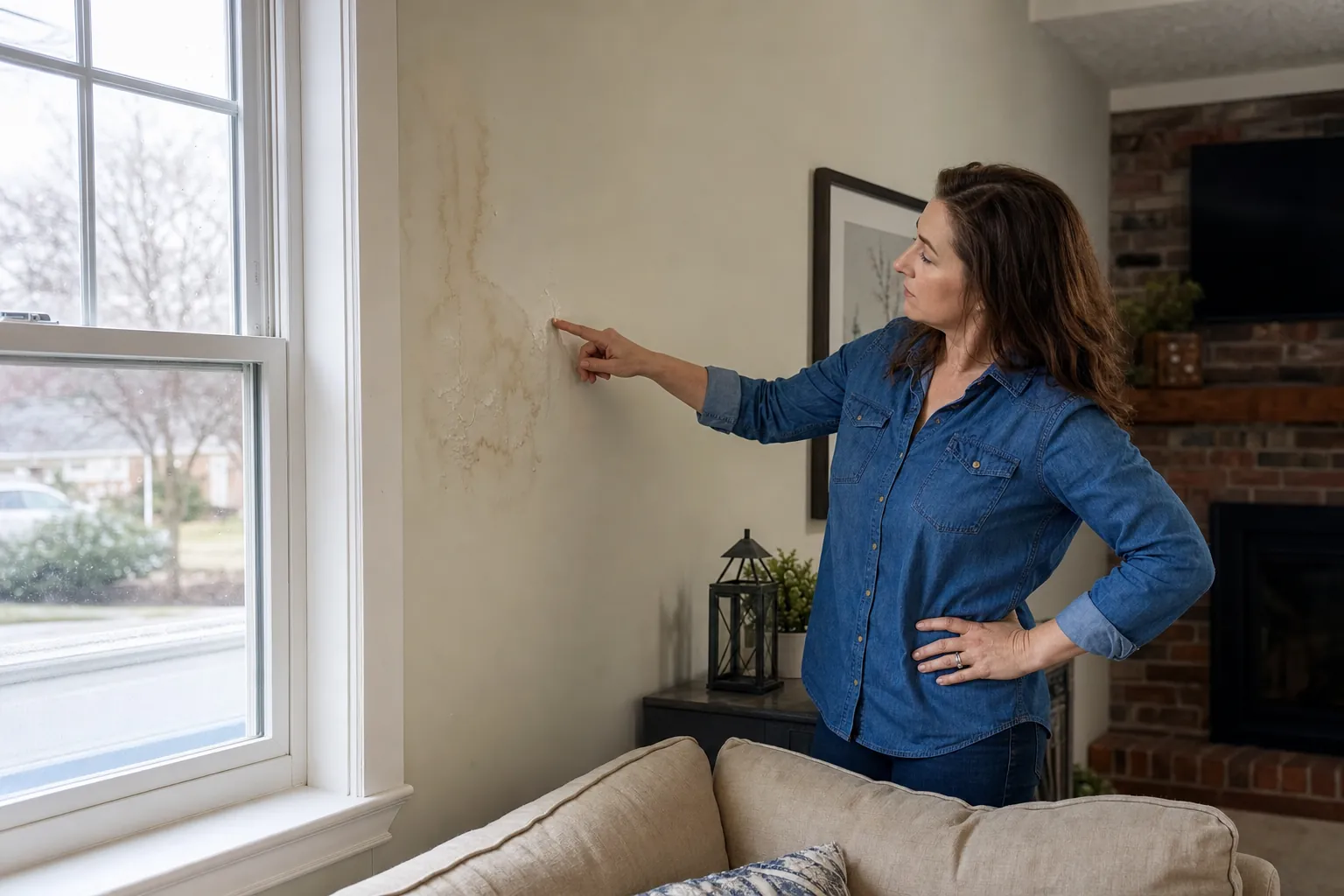 Homeowner inspecting water staining on a wall near a window