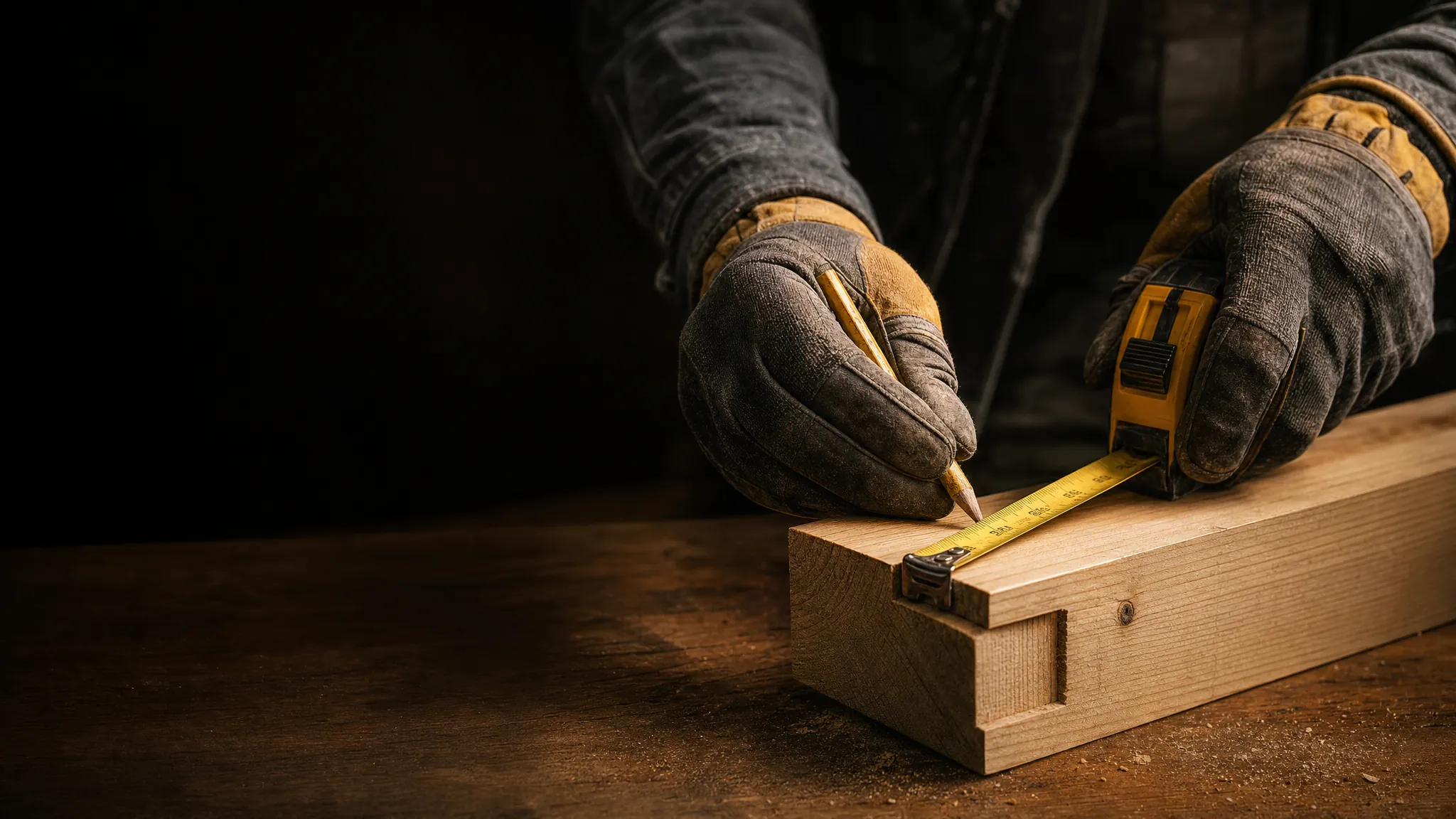 Hands measuring a wood joint with a tape measure
