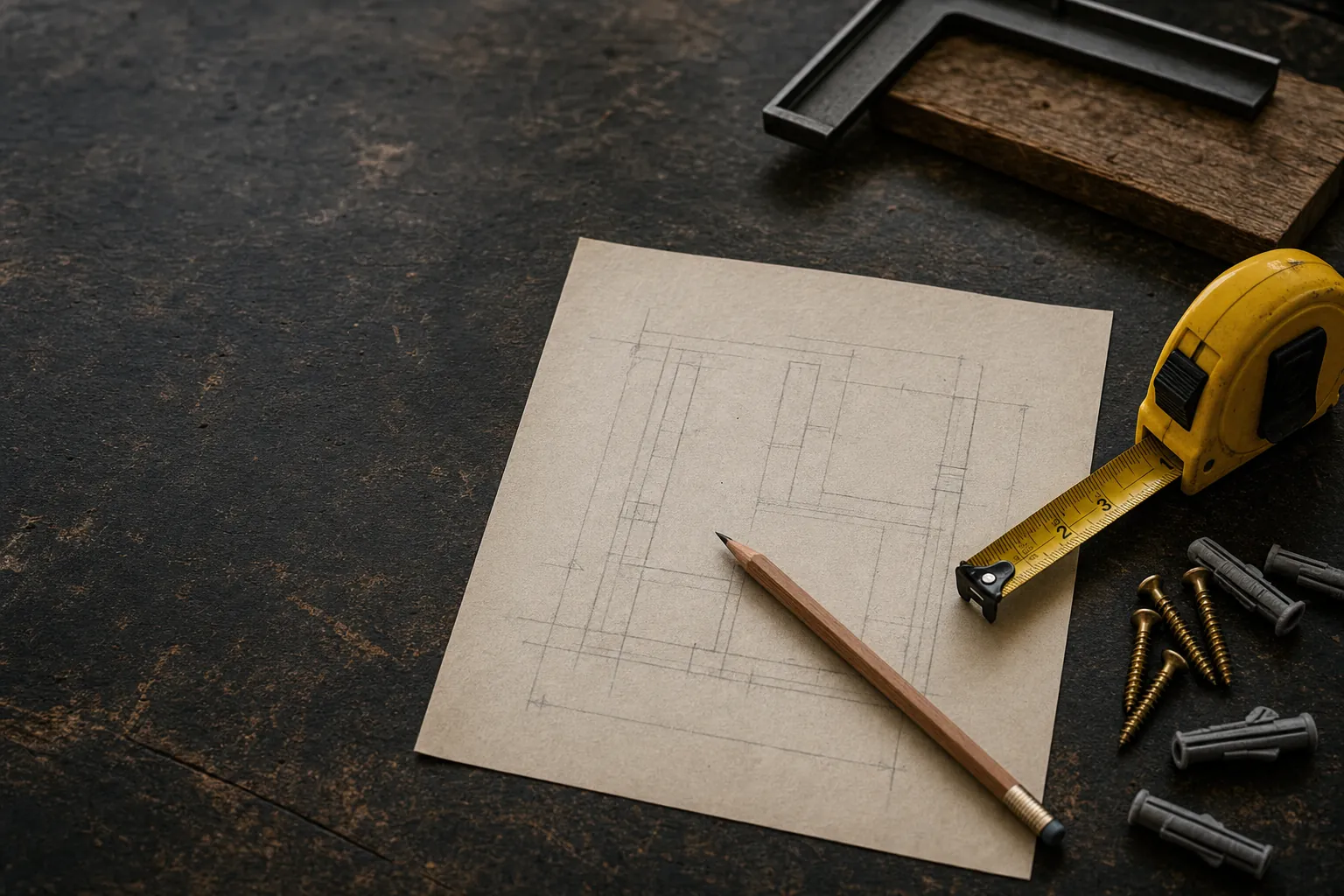 Project notes, pencil and measuring tape on a workbench