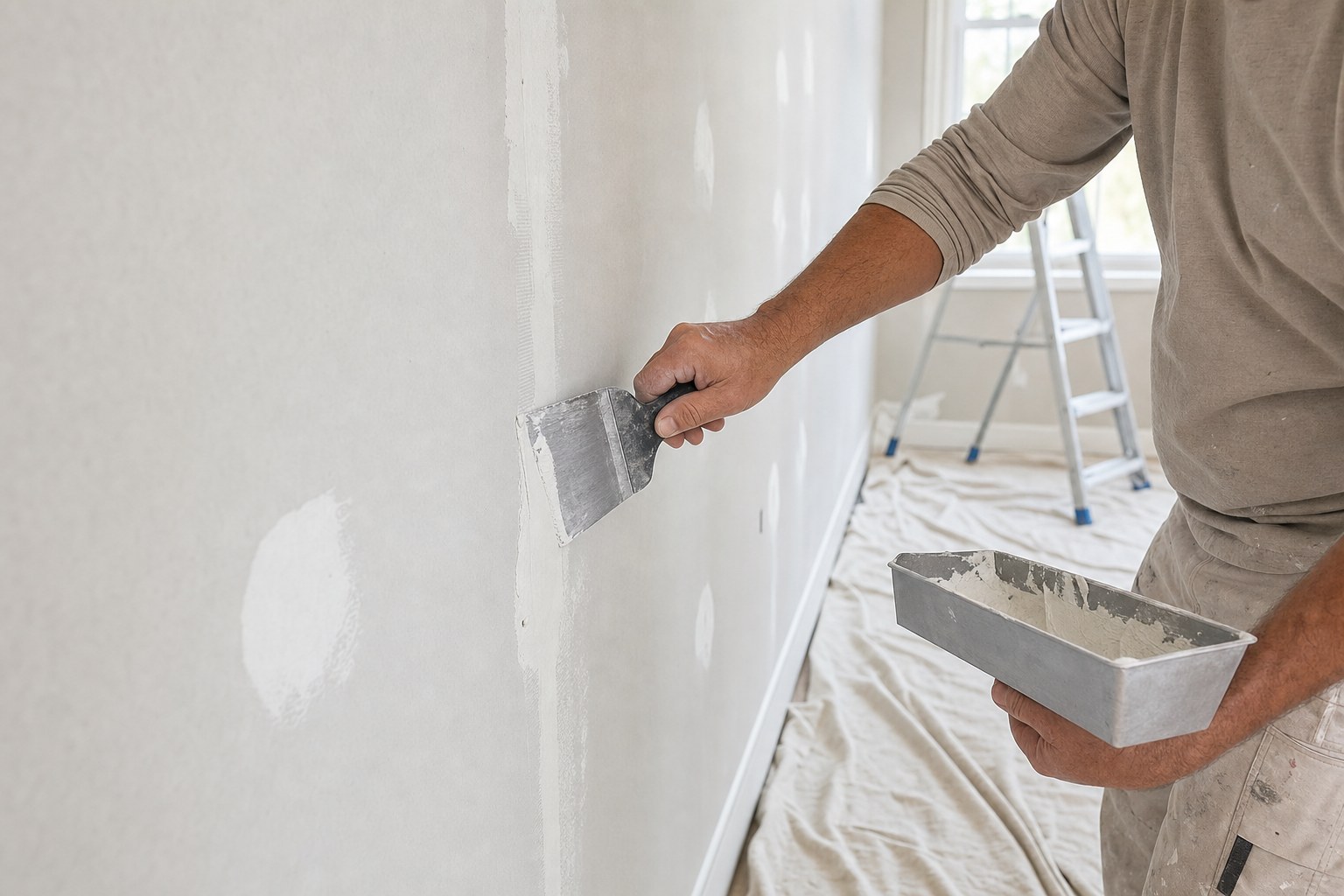 Worker smoothing joint compound over a drywall seam in a home