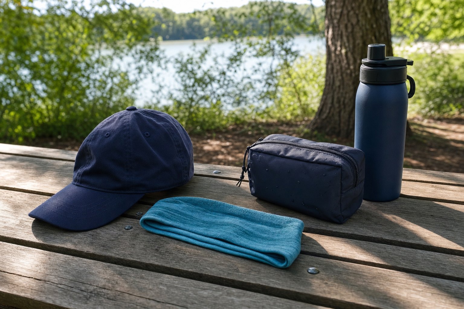 Cap, athletic headband, pouch, and water bottle on a picnic table