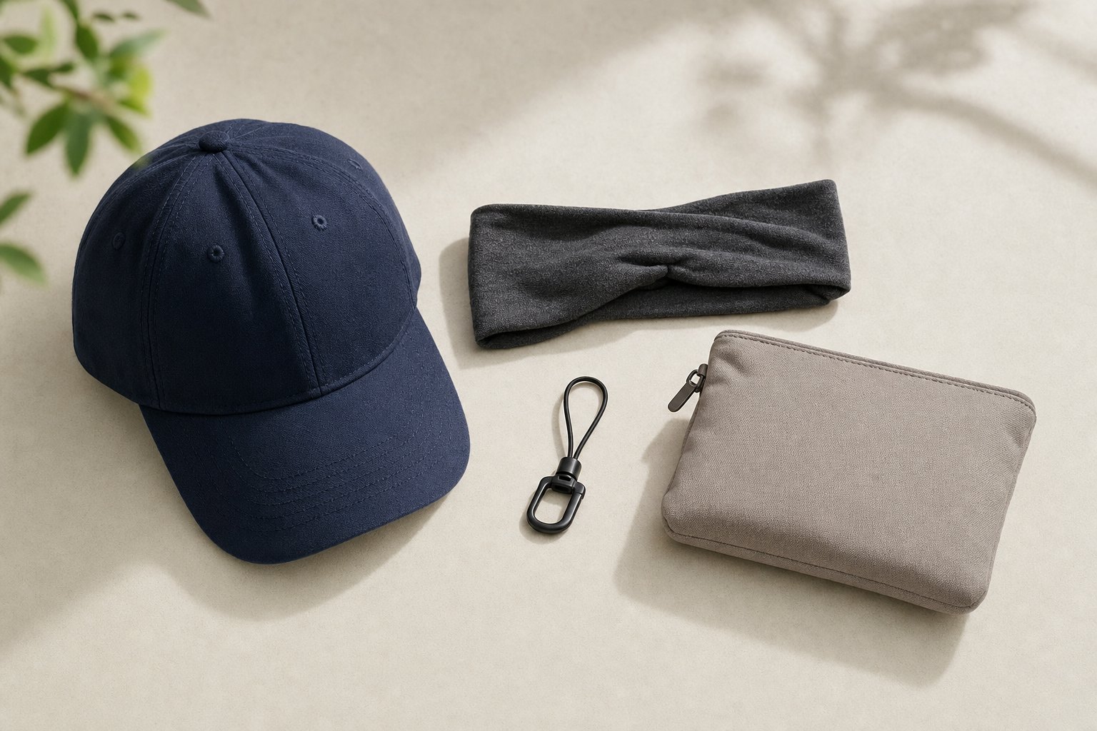 Cap, headband, safety clip, and pouch arranged on a light surface