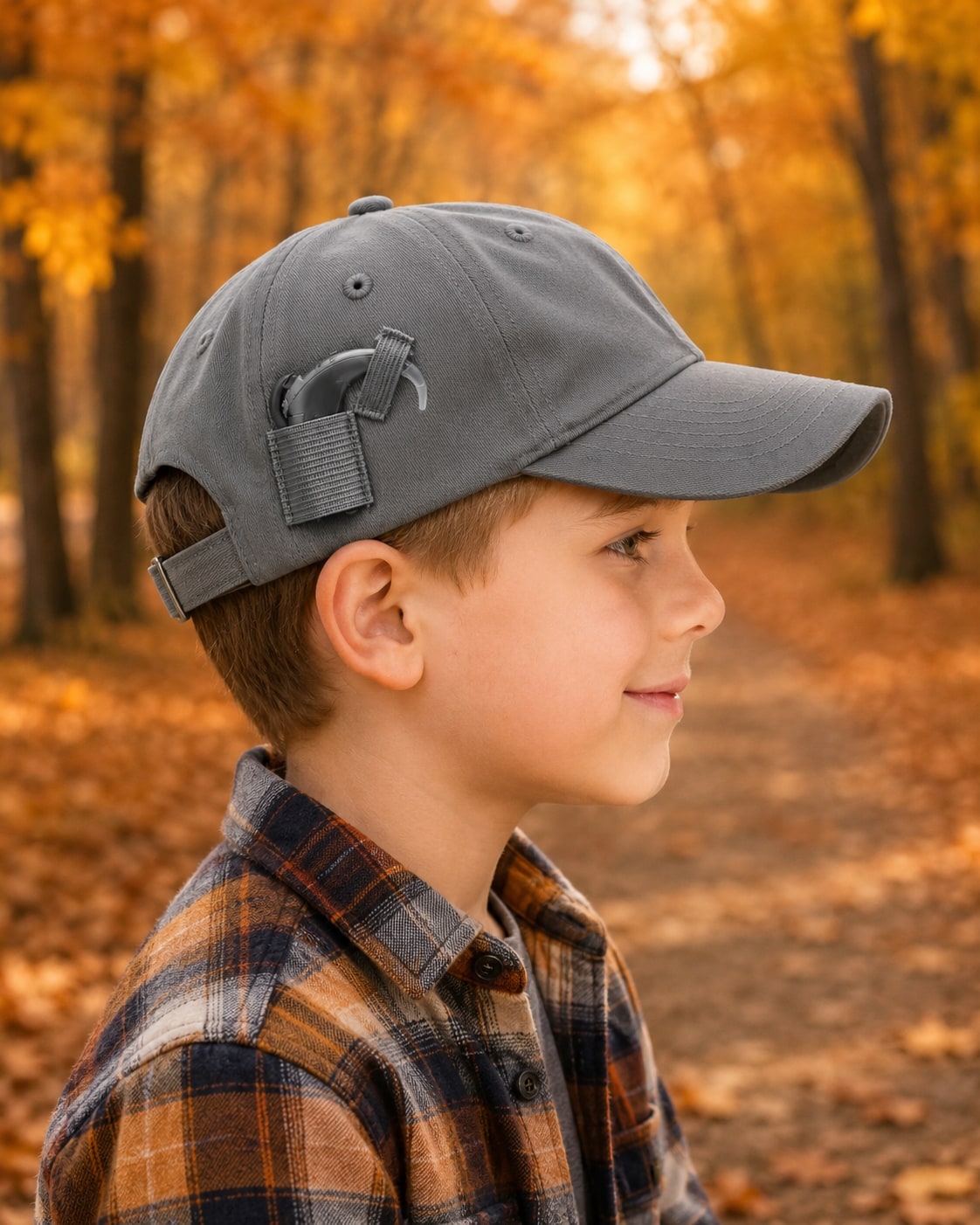 Child wearing an EarFree cochlear implant hat in an autumn park