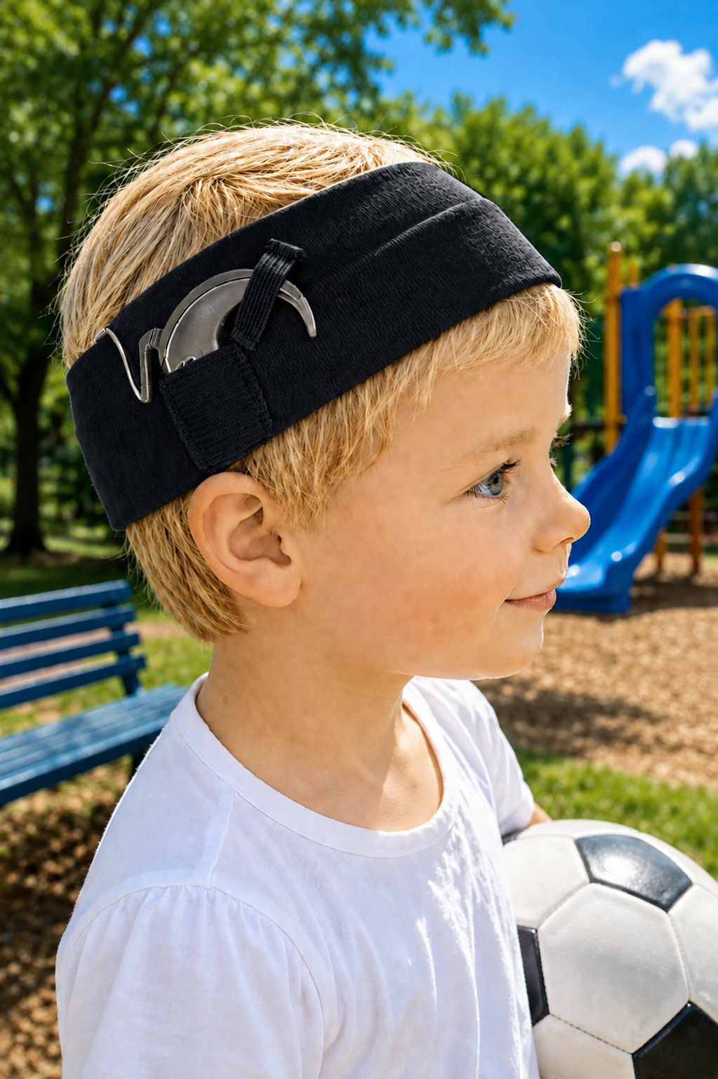 Child wearing an EarFree cochlear implant headband while playing outdoors