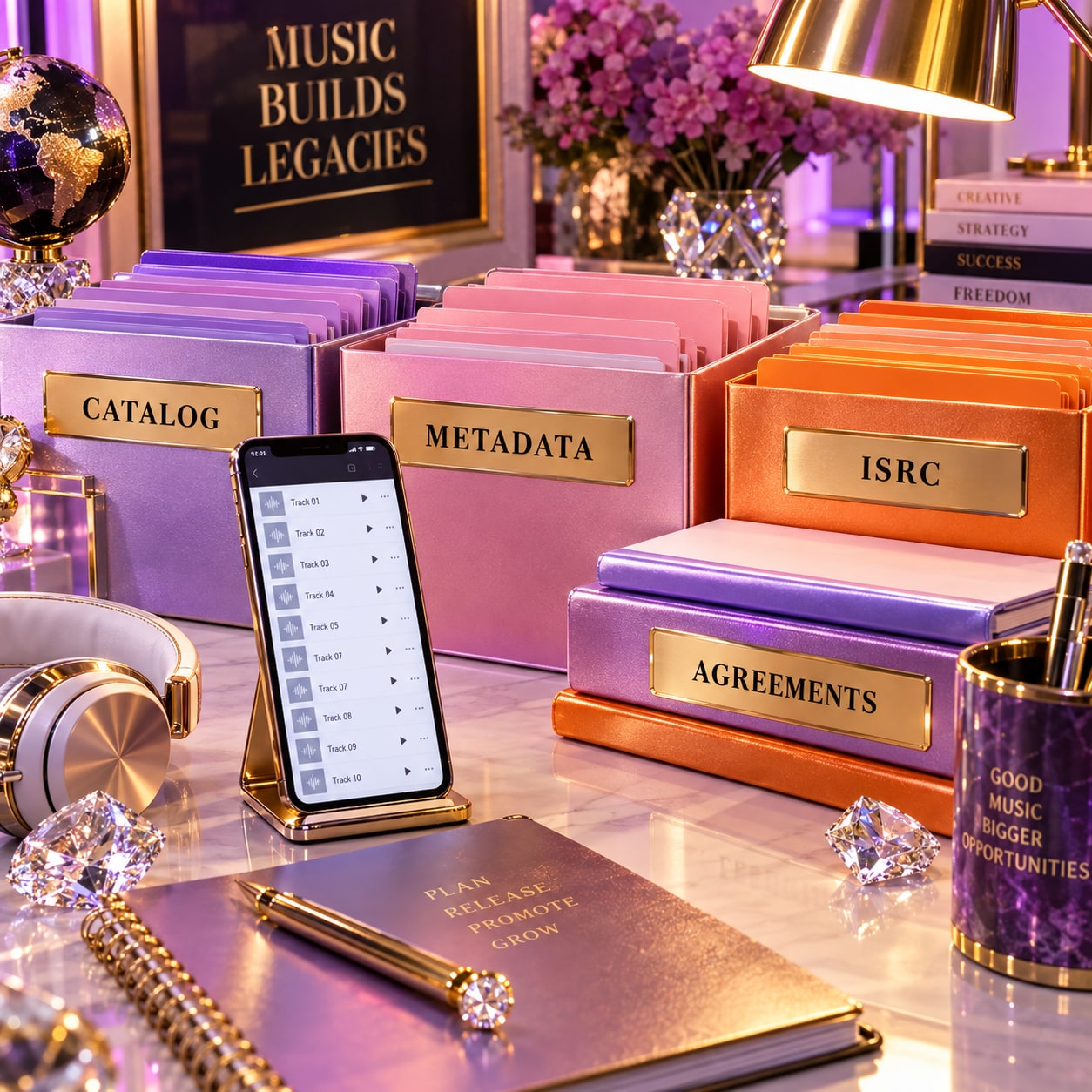 Organized artist music catalog, metadata, ISRC, and agreements filing system
