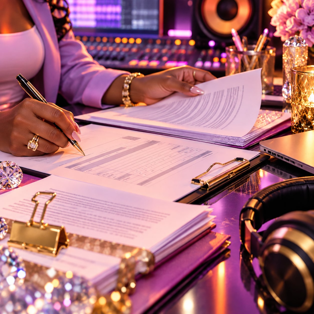 Artist reviewing and signing music paperwork at a studio desk