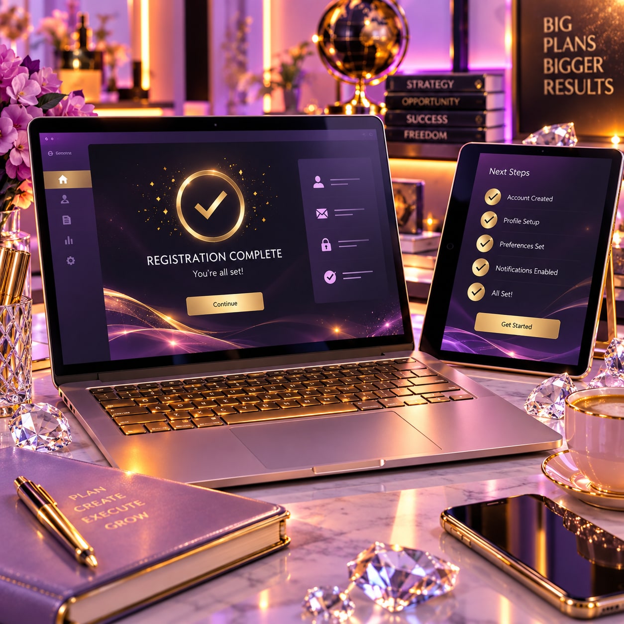 Completed artist registration and next steps displayed on a laptop and tablet