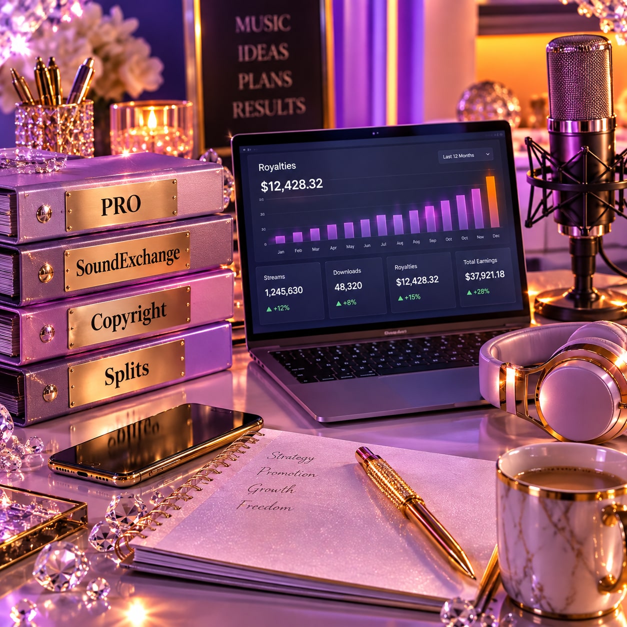 Artist royalty setup workspace with organized PRO, SoundExchange, copyright, and split records