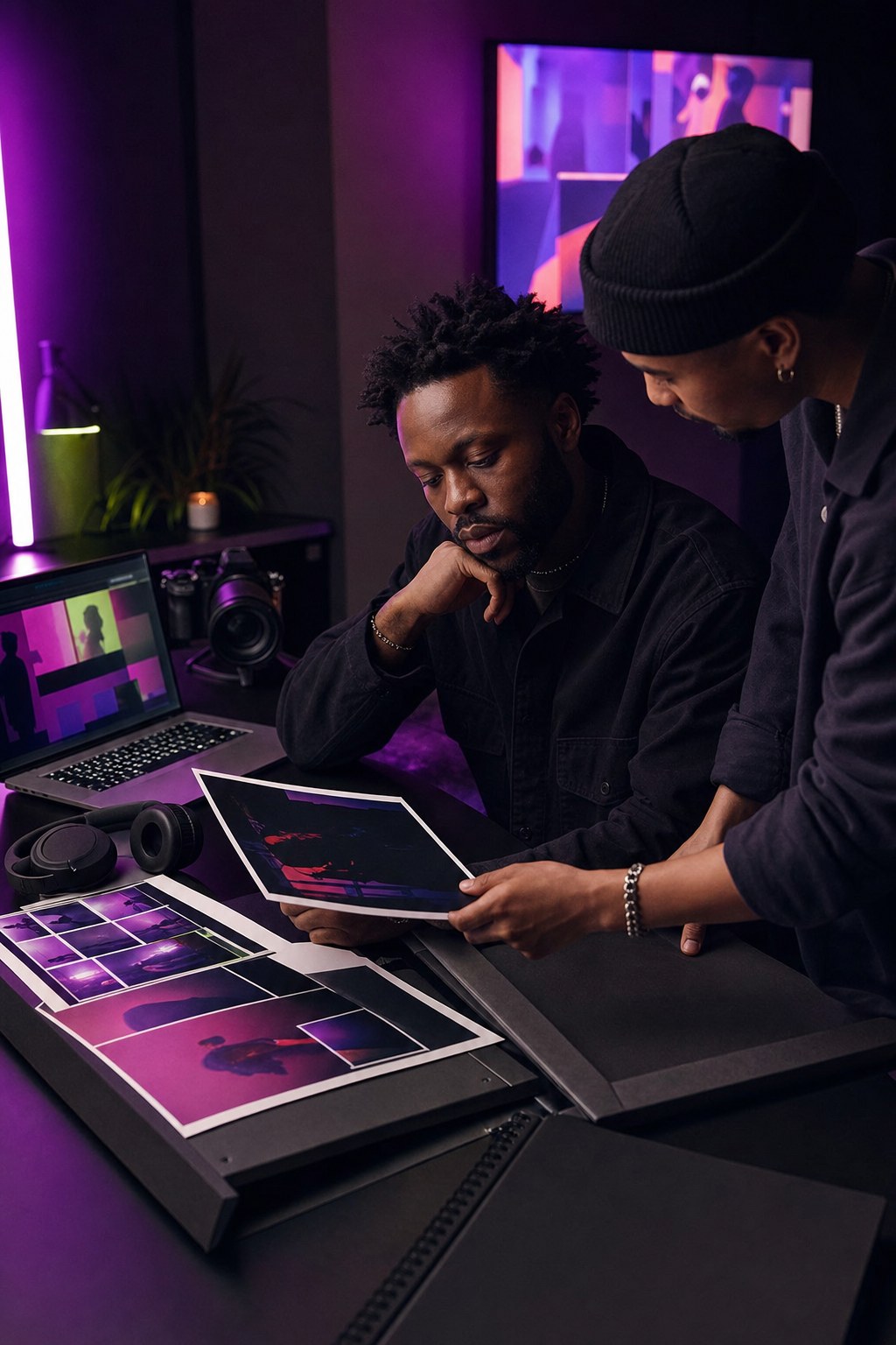 Artist and collaborator reviewing release visuals and promotion materials