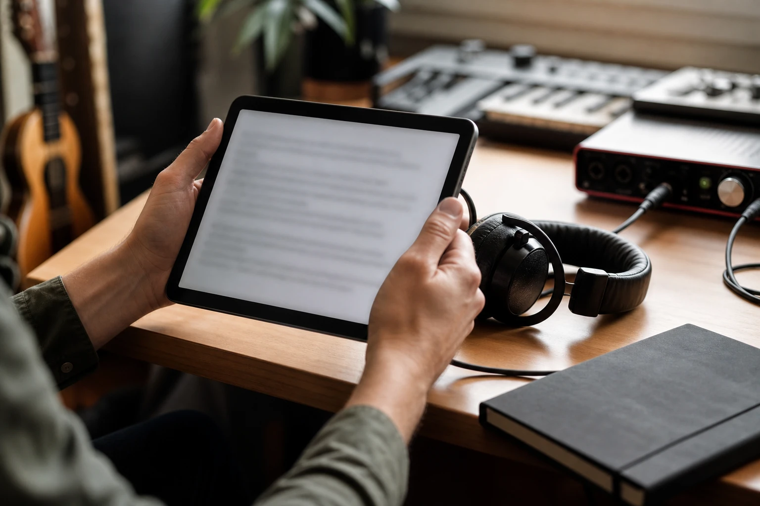 Musician reviewing a blurred artist bio draft beside studio headphones